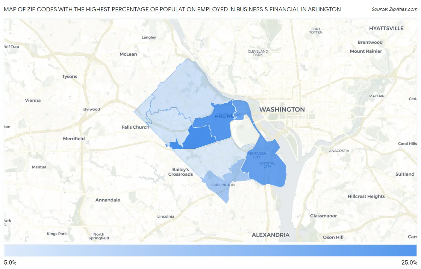 Zip Codes with the Highest Percentage of Population Employed in Business & Financial in Arlington Map