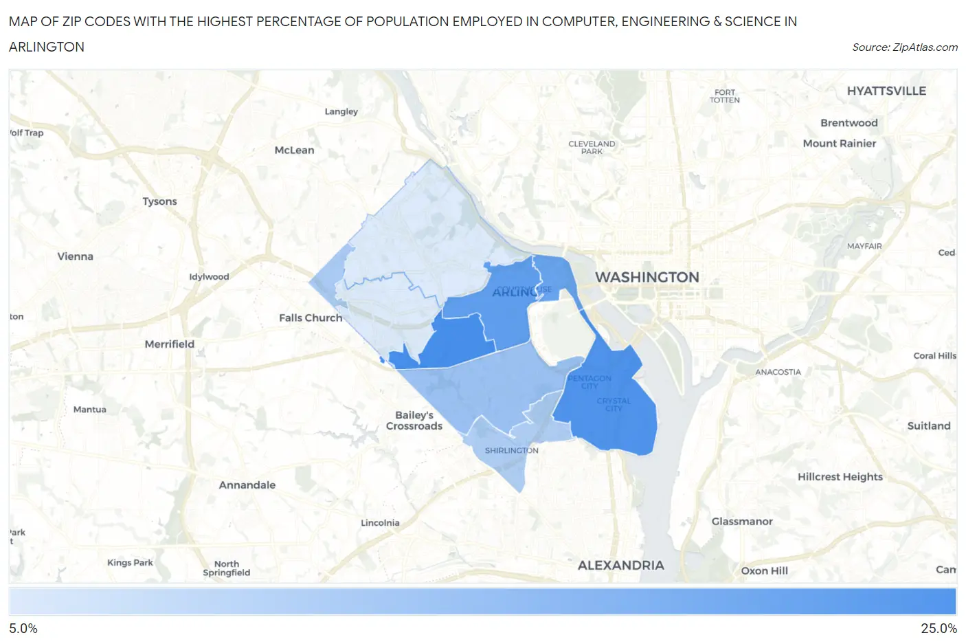 Zip Codes with the Highest Percentage of Population Employed in Computer, Engineering & Science in Arlington Map
