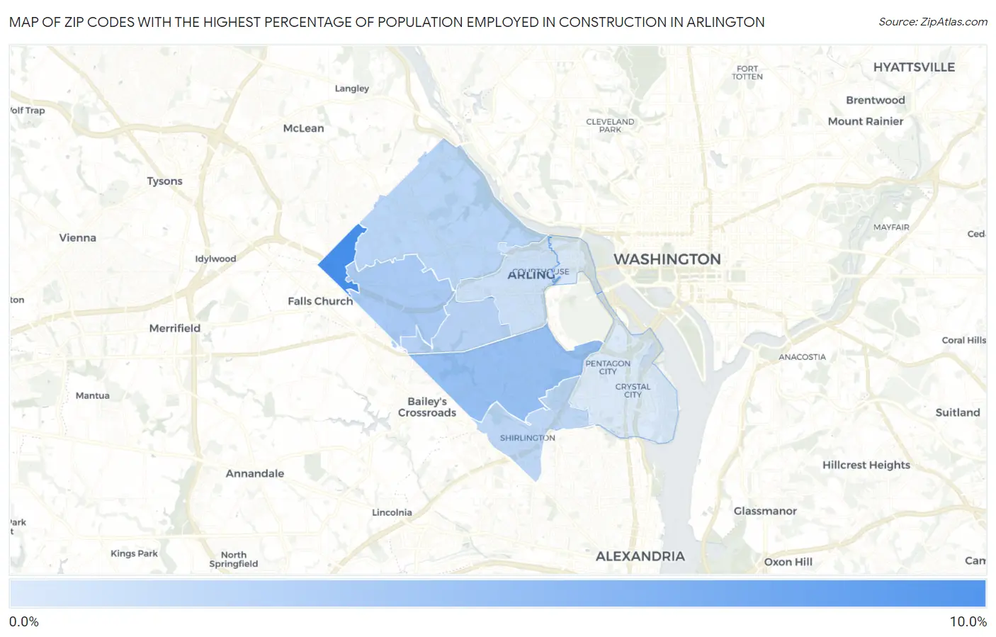 Zip Codes with the Highest Percentage of Population Employed in Construction in Arlington Map