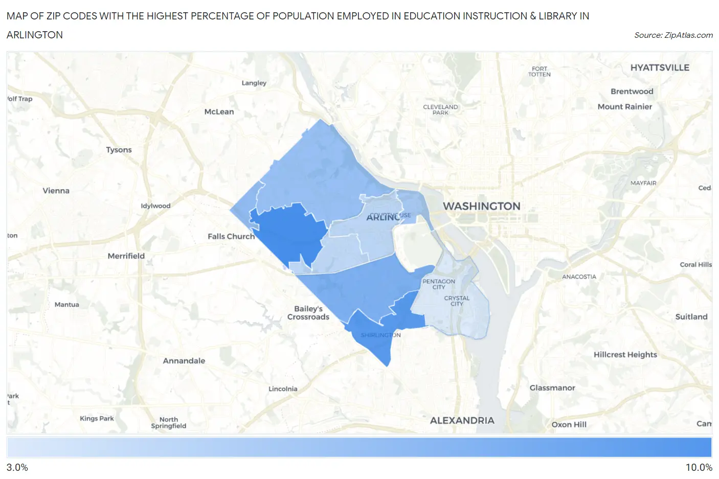 Zip Codes with the Highest Percentage of Population Employed in Education Instruction & Library in Arlington Map