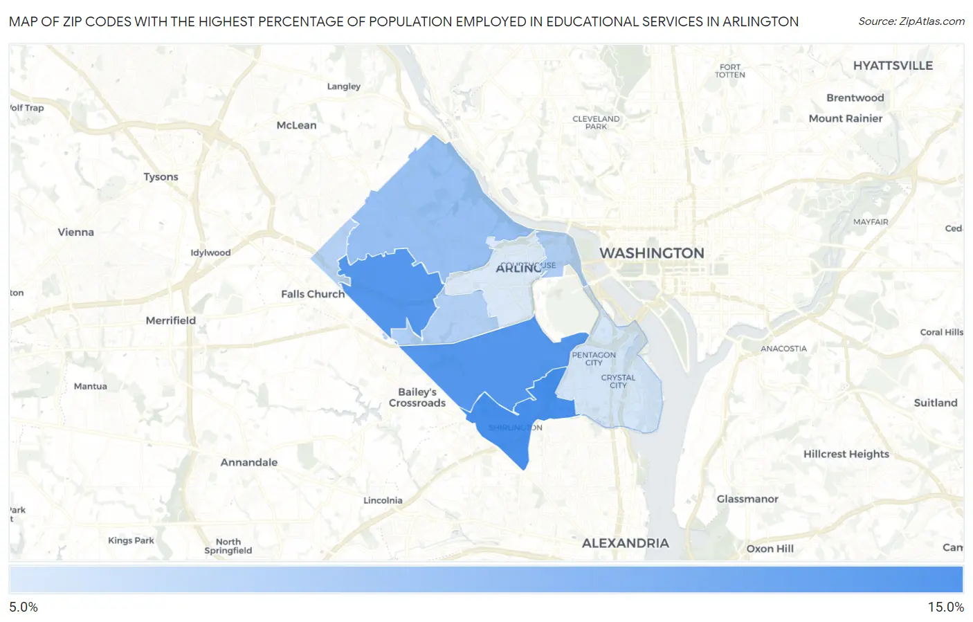 Zip Codes with the Highest Percentage of Population Employed in Educational Services in Arlington Map