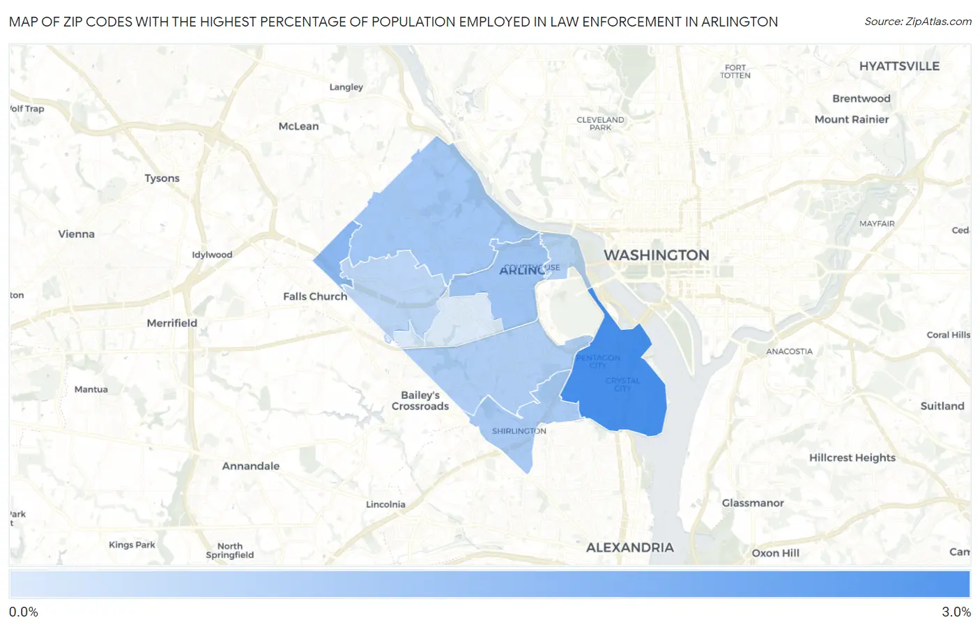 Zip Codes with the Highest Percentage of Population Employed in Law Enforcement in Arlington Map