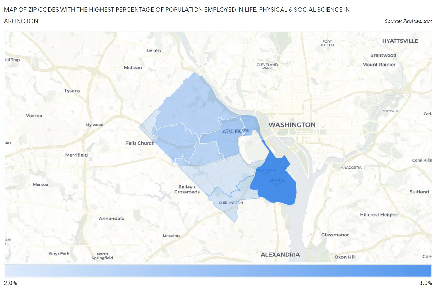 Zip Codes with the Highest Percentage of Population Employed in Life, Physical & Social Science in Arlington Map