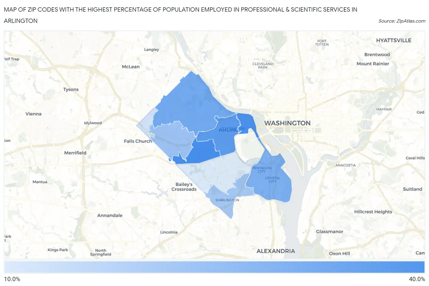 Zip Codes with the Highest Percentage of Population Employed in Professional & Scientific Services in Arlington Map