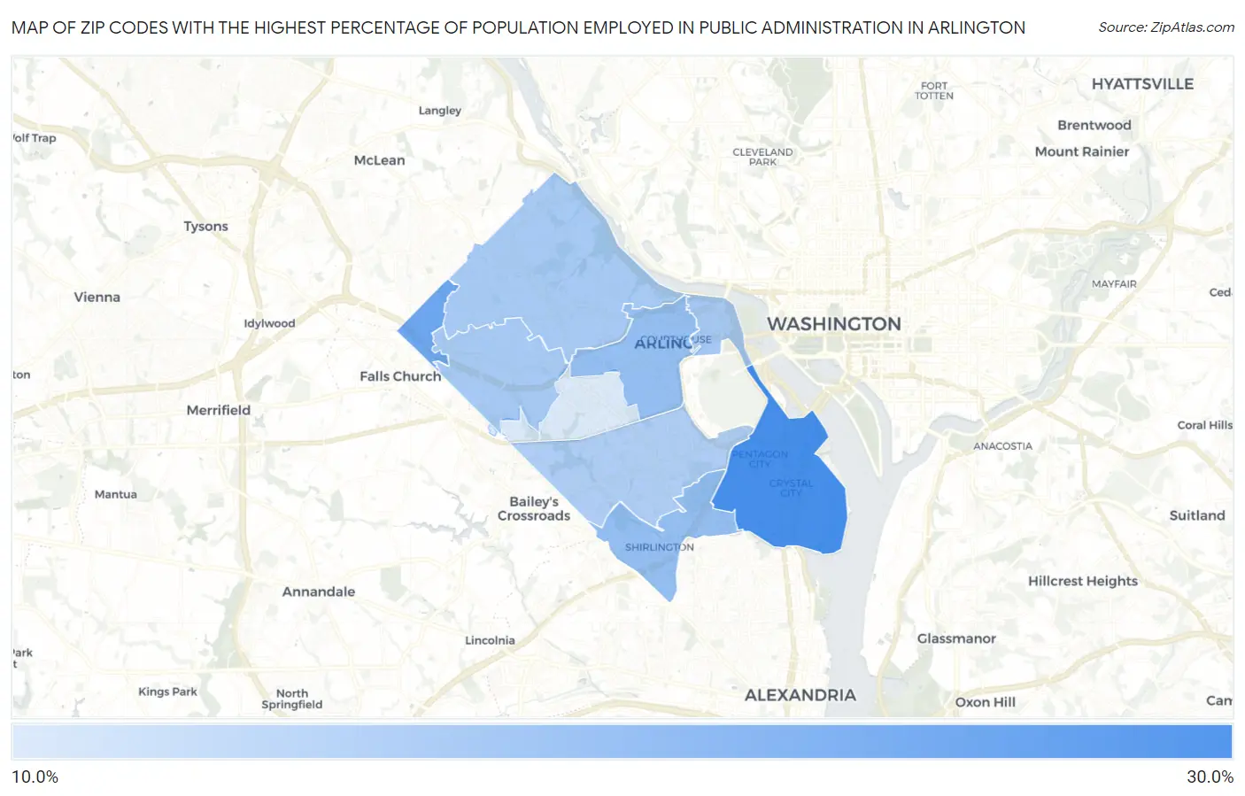 Zip Codes with the Highest Percentage of Population Employed in Public Administration in Arlington Map