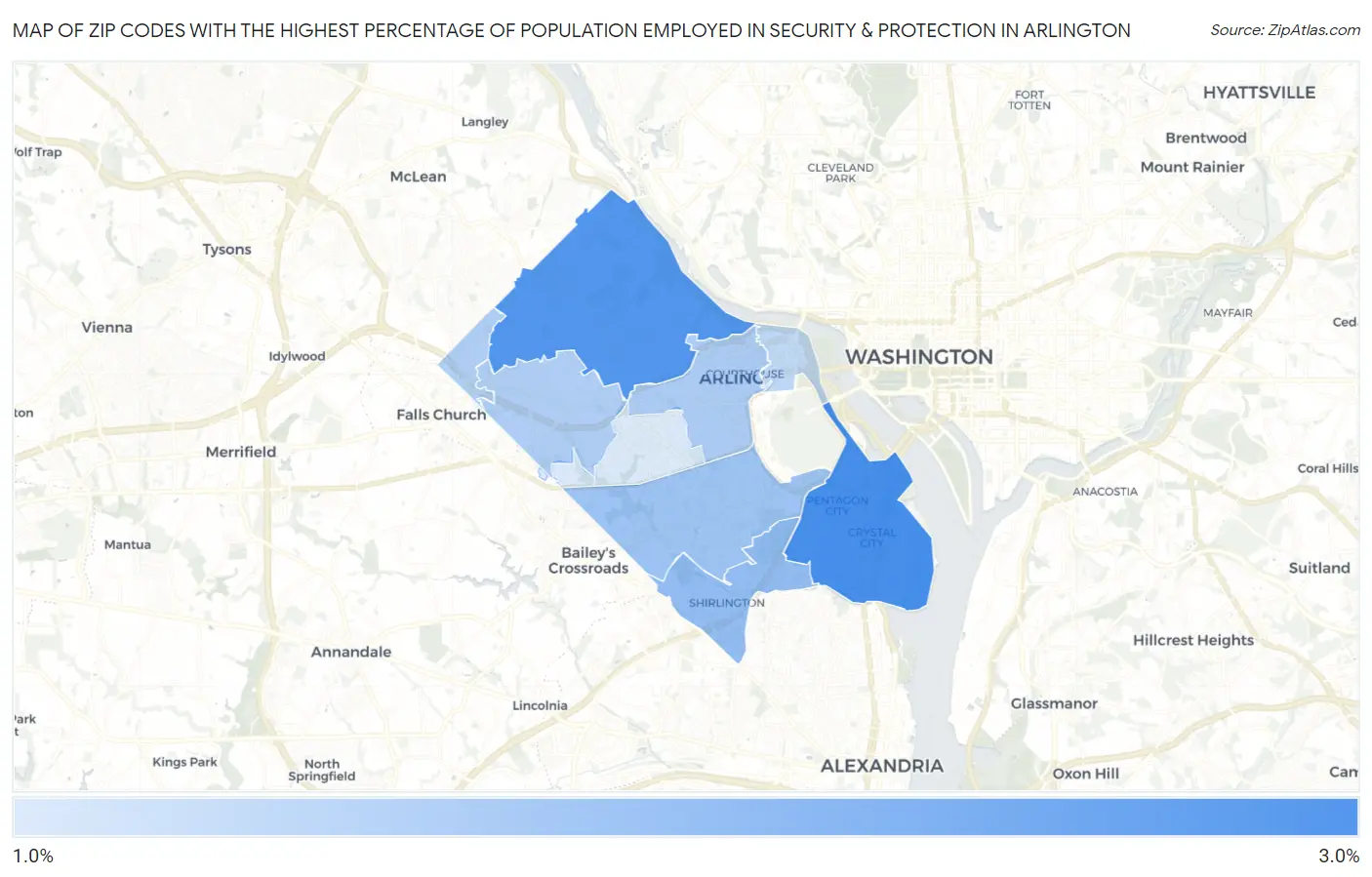 Zip Codes with the Highest Percentage of Population Employed in Security & Protection in Arlington Map