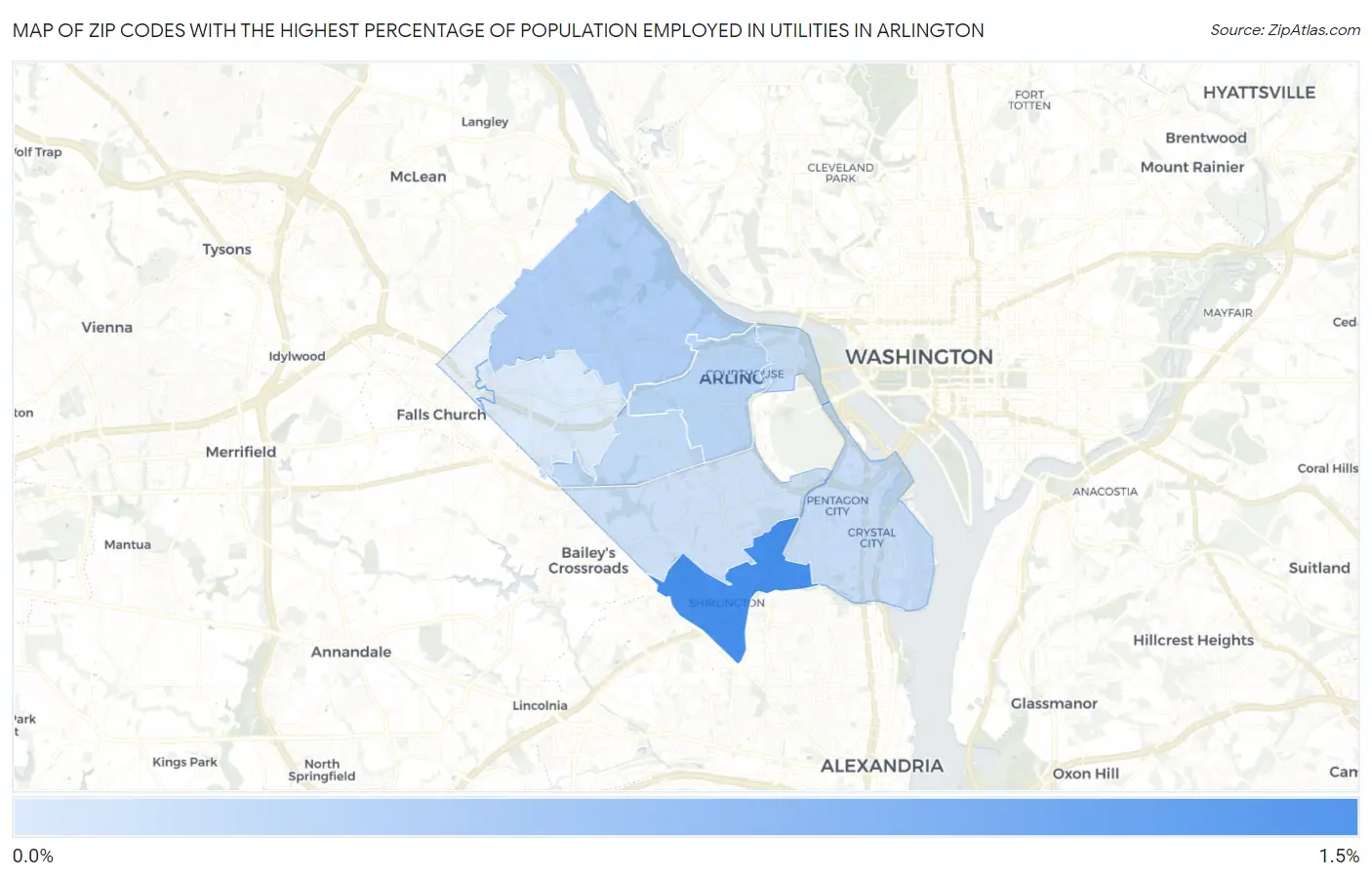 Zip Codes with the Highest Percentage of Population Employed in Utilities in Arlington Map