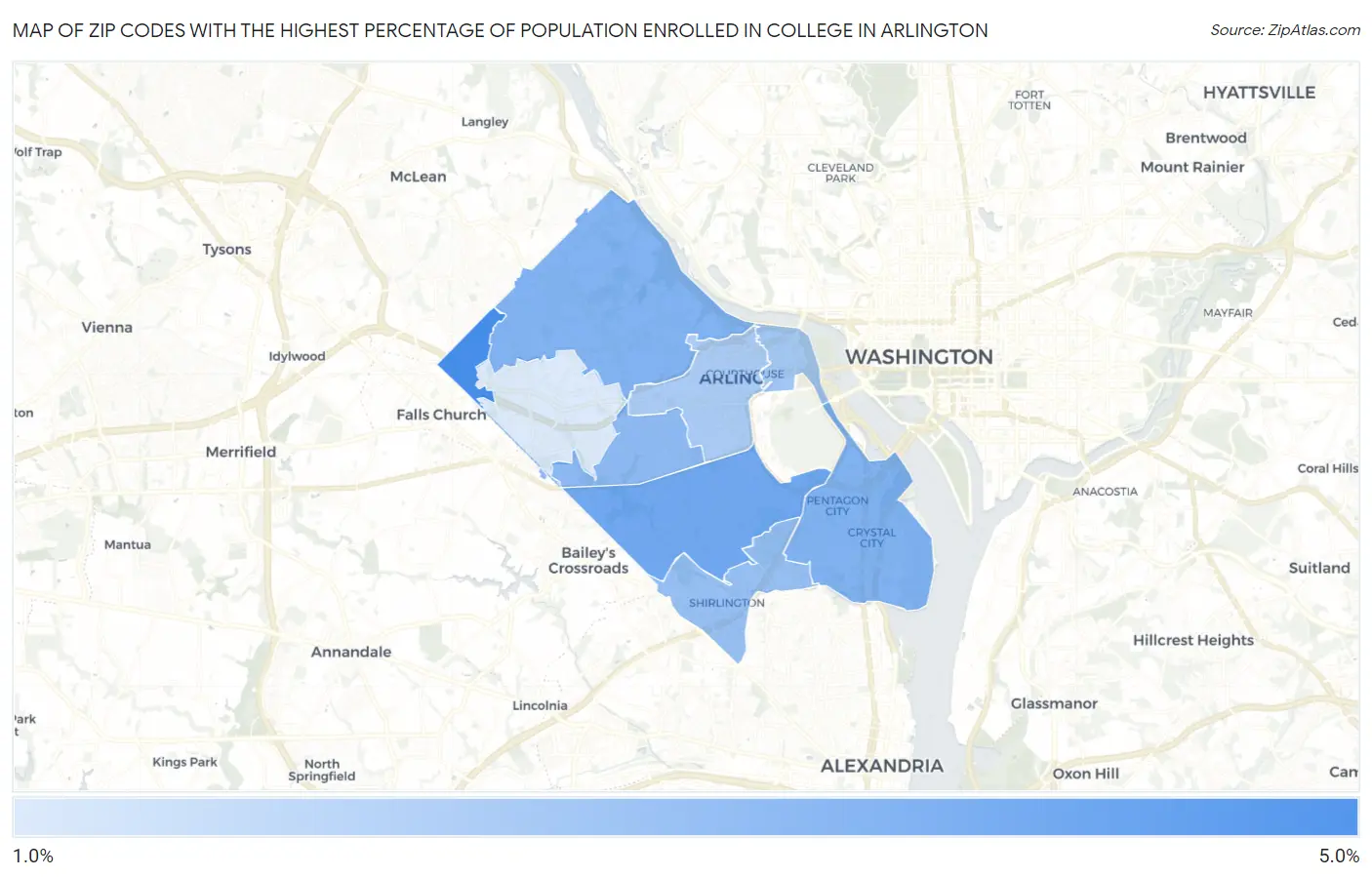 Zip Codes with the Highest Percentage of Population Enrolled in College in Arlington Map