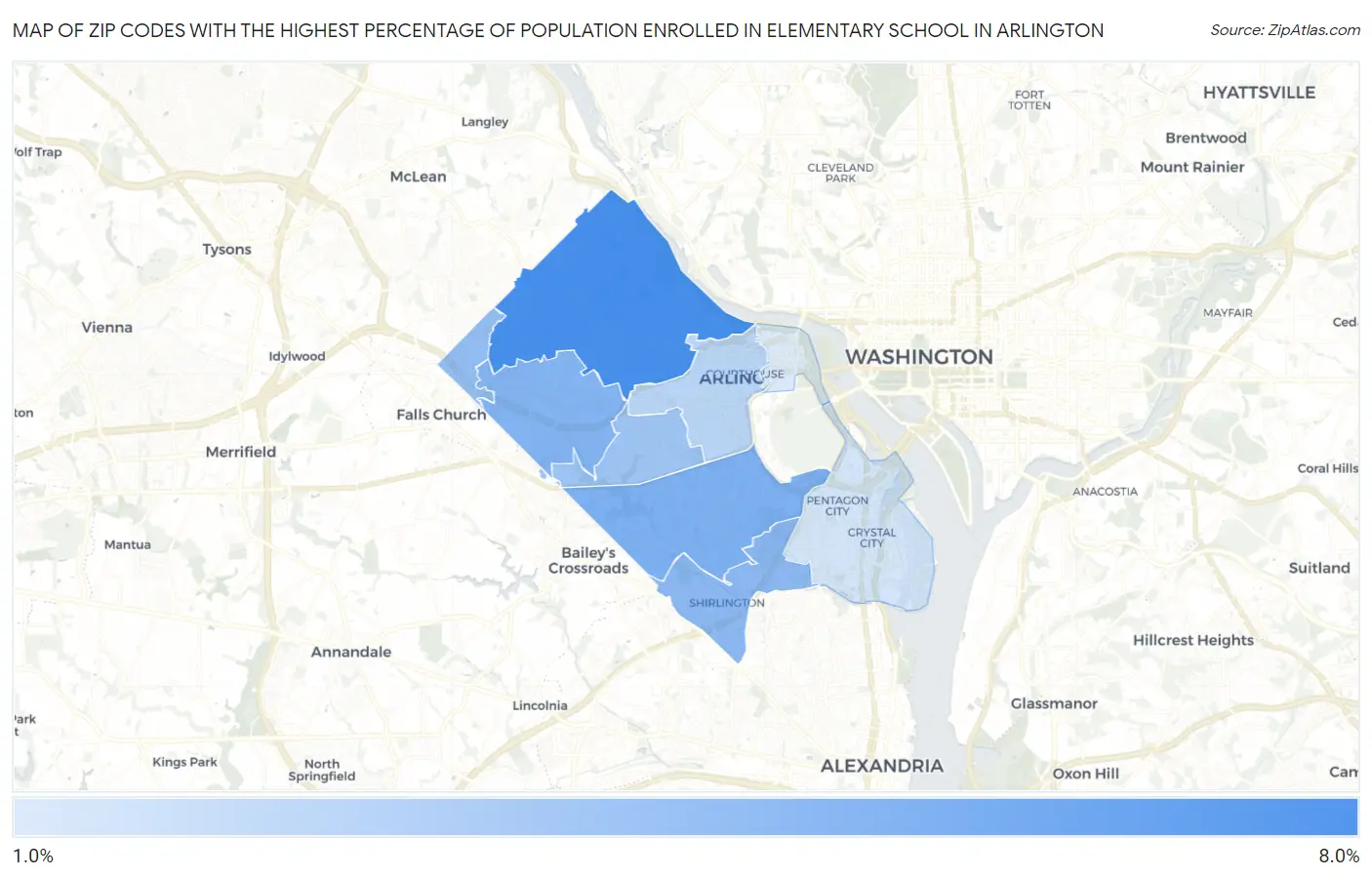 Zip Codes with the Highest Percentage of Population Enrolled in Elementary School in Arlington Map
