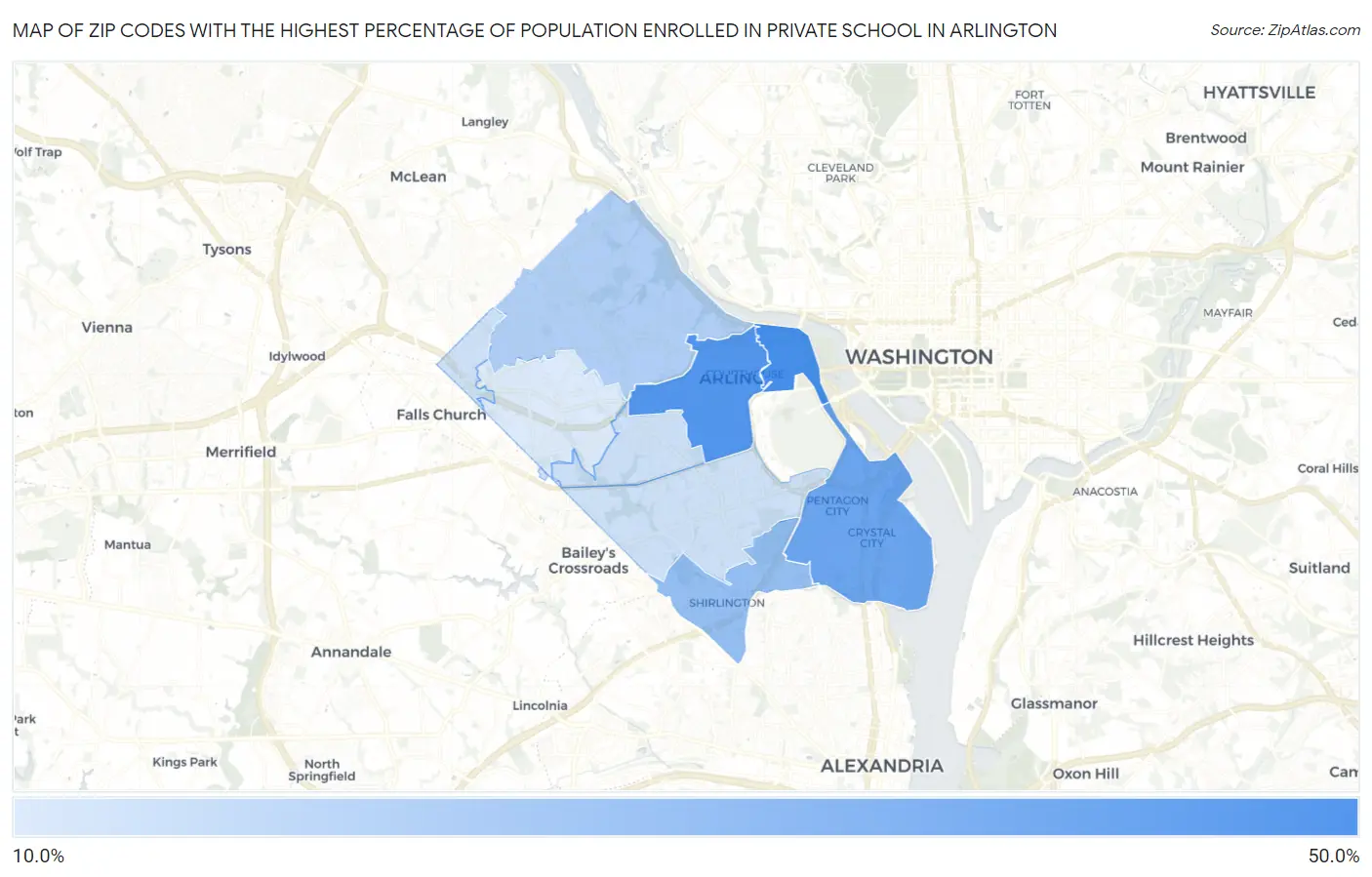 Zip Codes with the Highest Percentage of Population Enrolled in Private School in Arlington Map