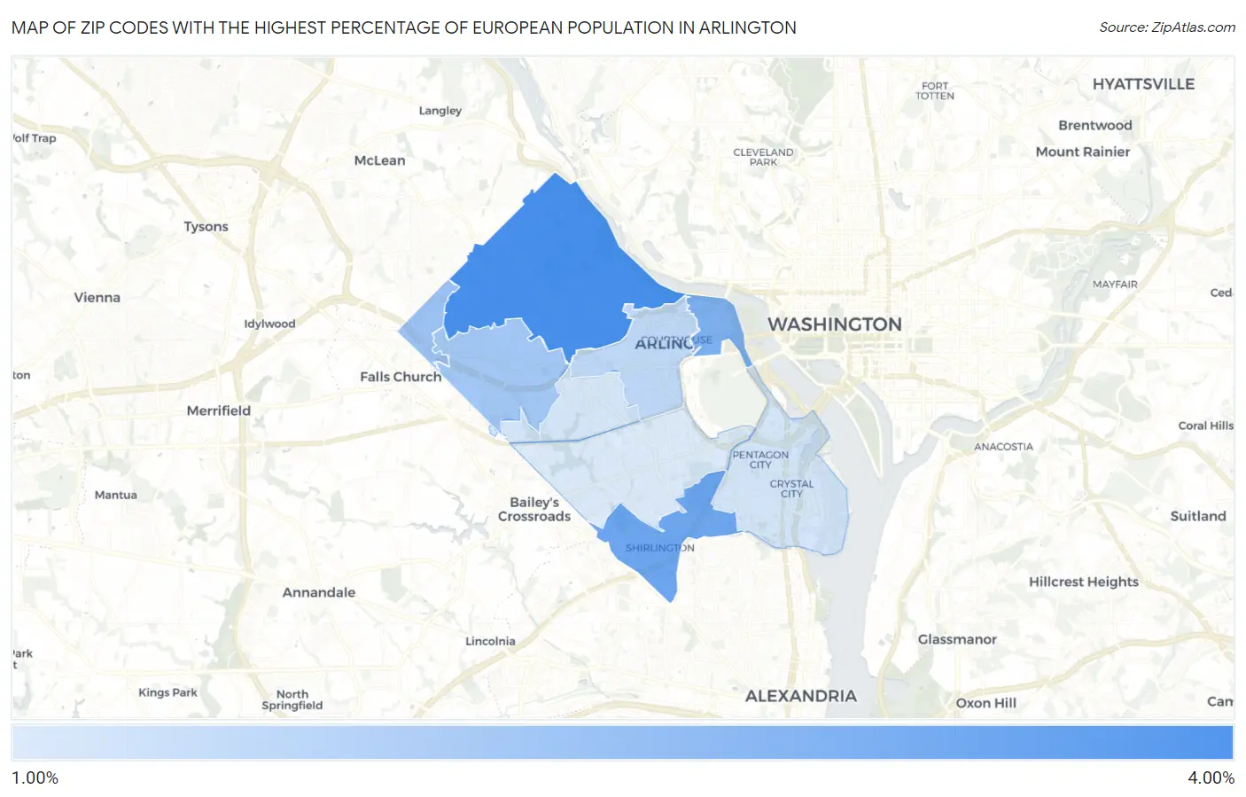 Zip Codes with the Highest Percentage of European Population in Arlington Map