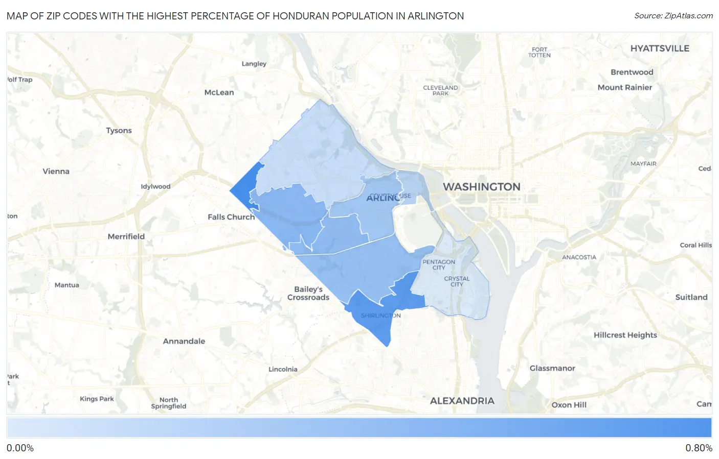 Zip Codes with the Highest Percentage of Honduran Population in Arlington Map
