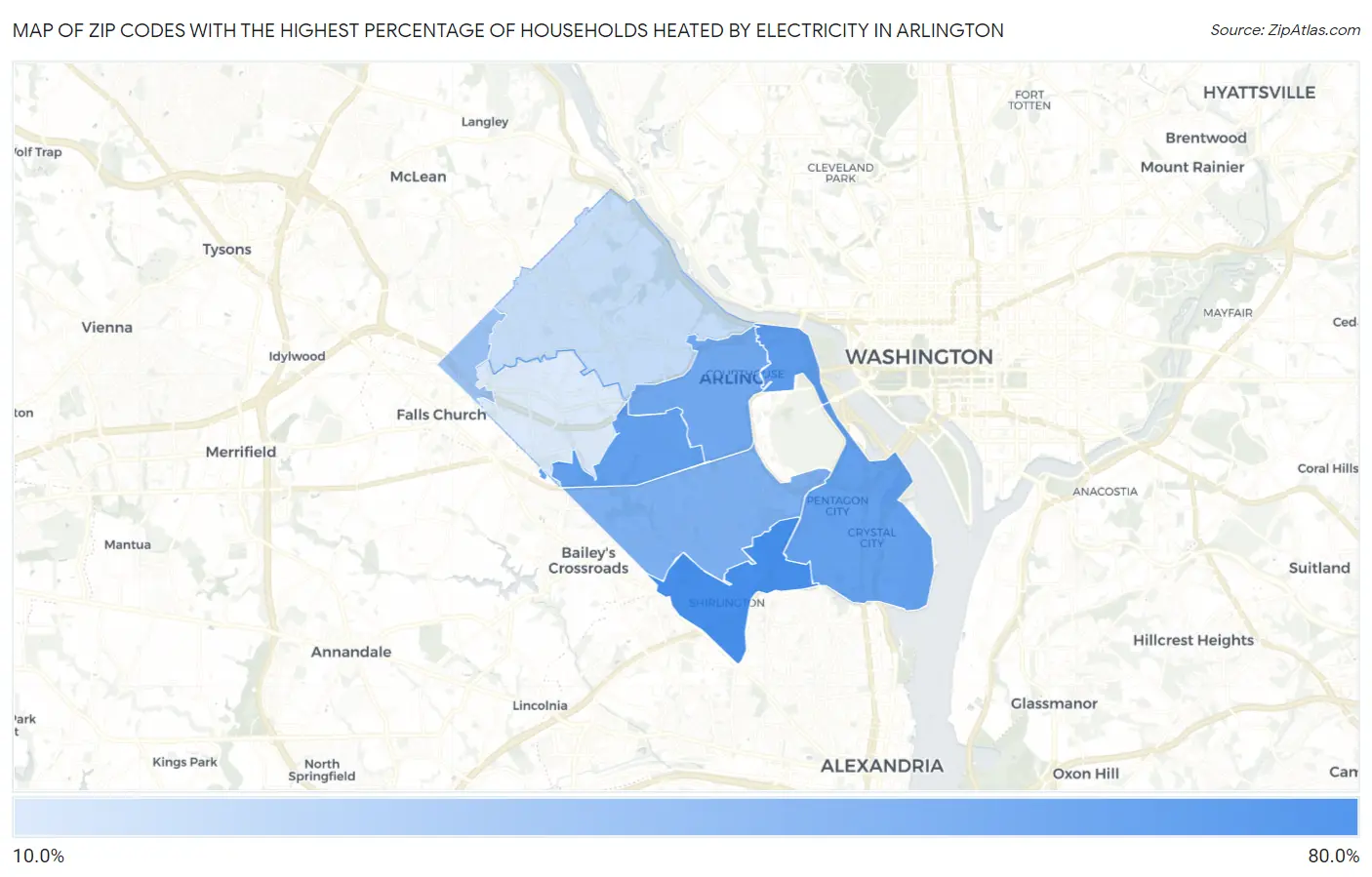 Zip Codes with the Highest Percentage of Households Heated by Electricity in Arlington Map