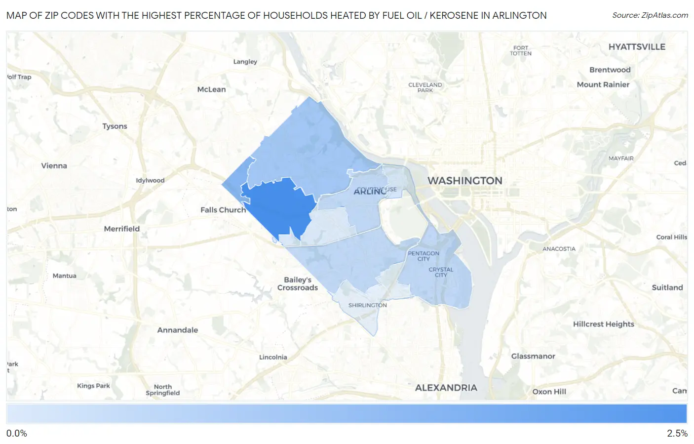 Zip Codes with the Highest Percentage of Households Heated by Fuel Oil / Kerosene in Arlington Map