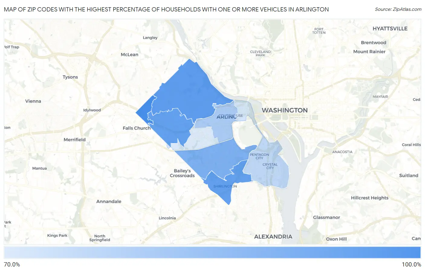 Zip Codes with the Highest Percentage of Households With One or more Vehicles in Arlington Map
