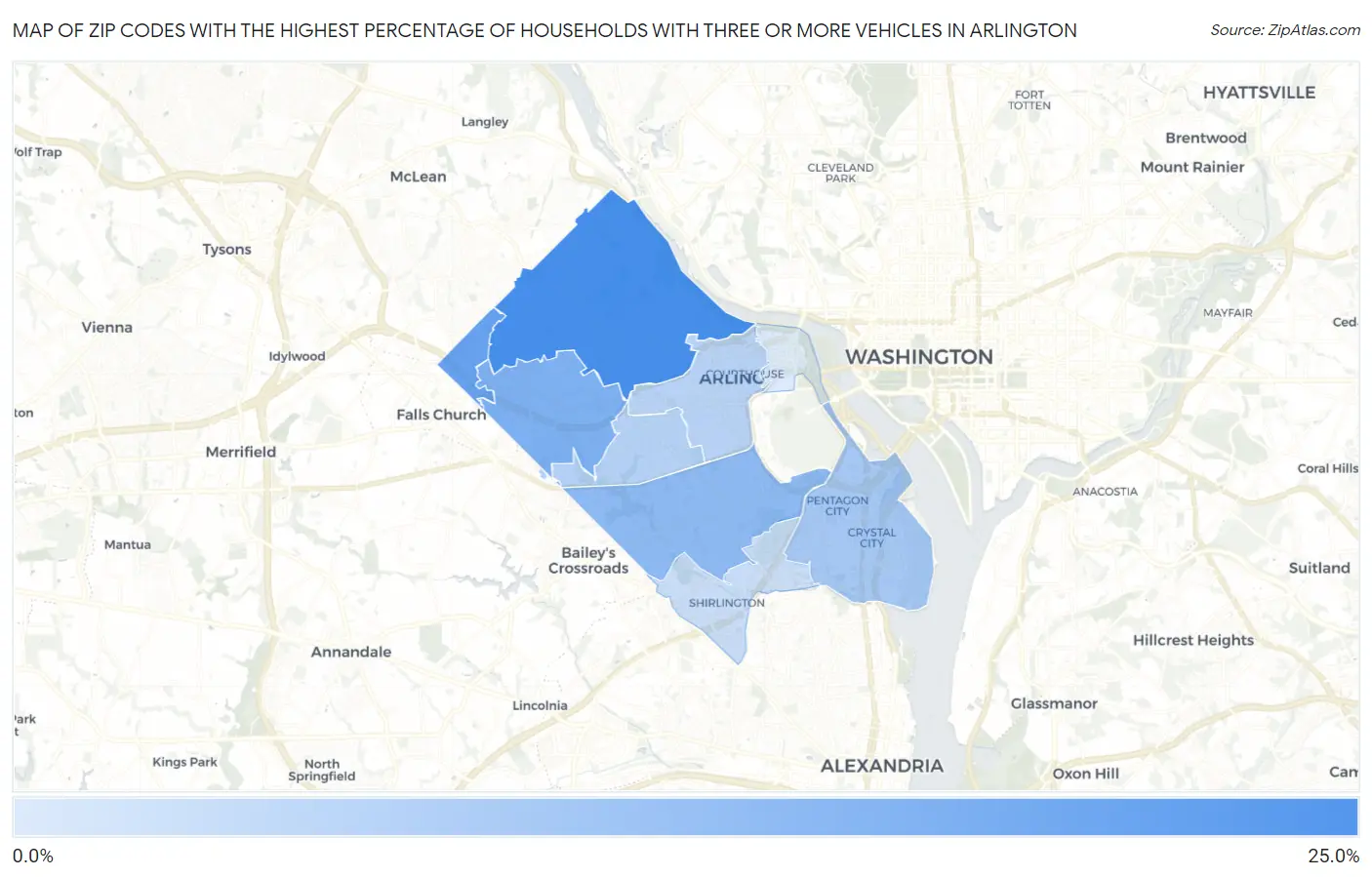 Zip Codes with the Highest Percentage of Households With Three or more Vehicles in Arlington Map