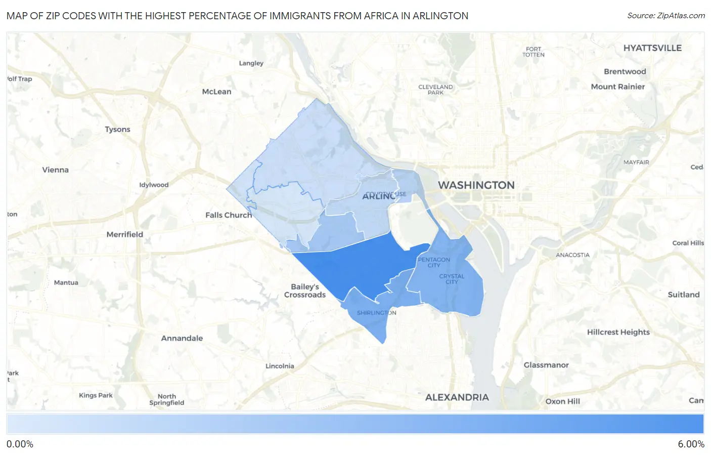 Zip Codes with the Highest Percentage of Immigrants from Africa in Arlington Map