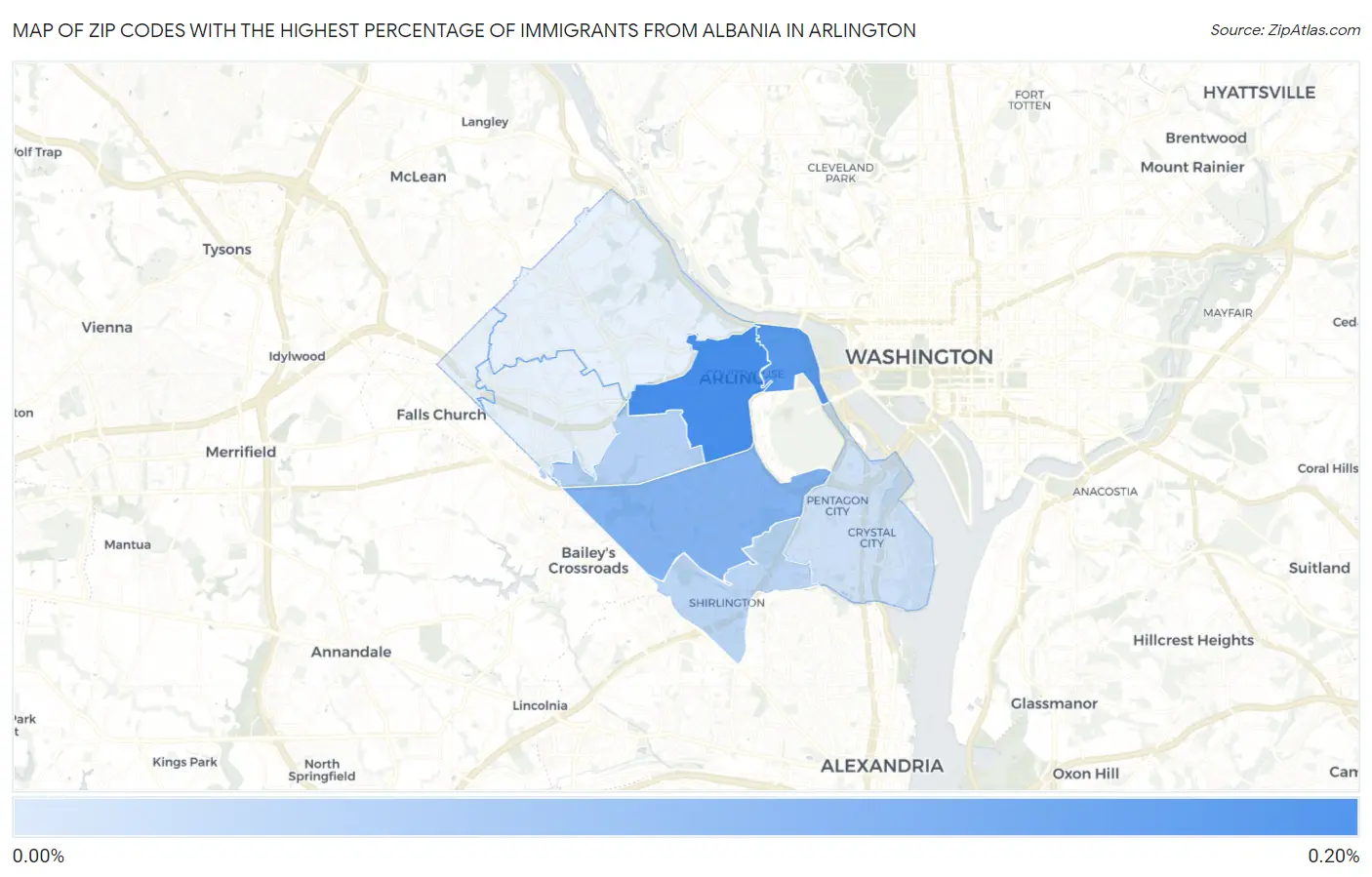 Zip Codes with the Highest Percentage of Immigrants from Albania in Arlington Map