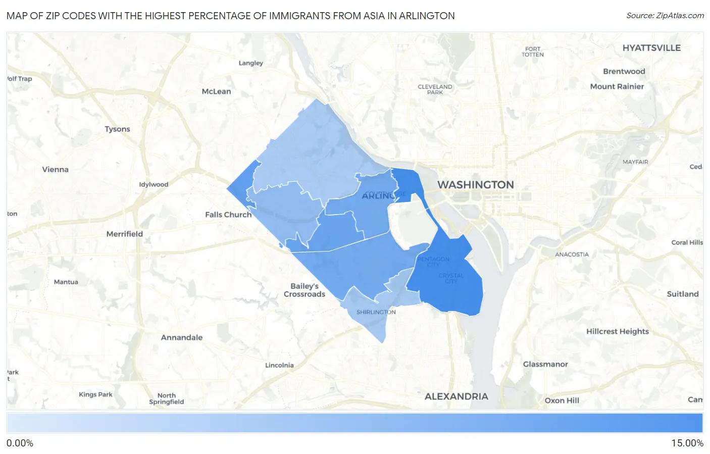 Zip Codes with the Highest Percentage of Immigrants from Asia in Arlington Map