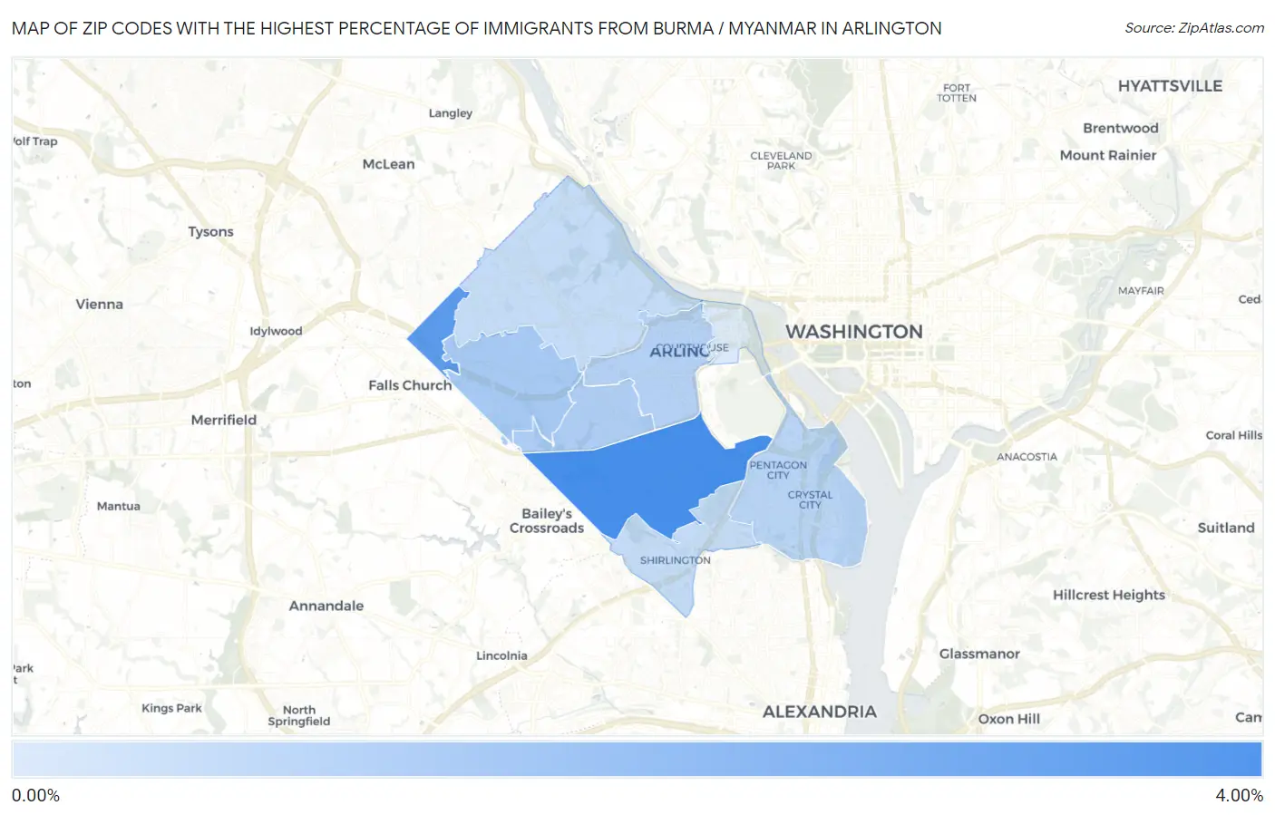 Zip Codes with the Highest Percentage of Immigrants from Burma / Myanmar in Arlington Map