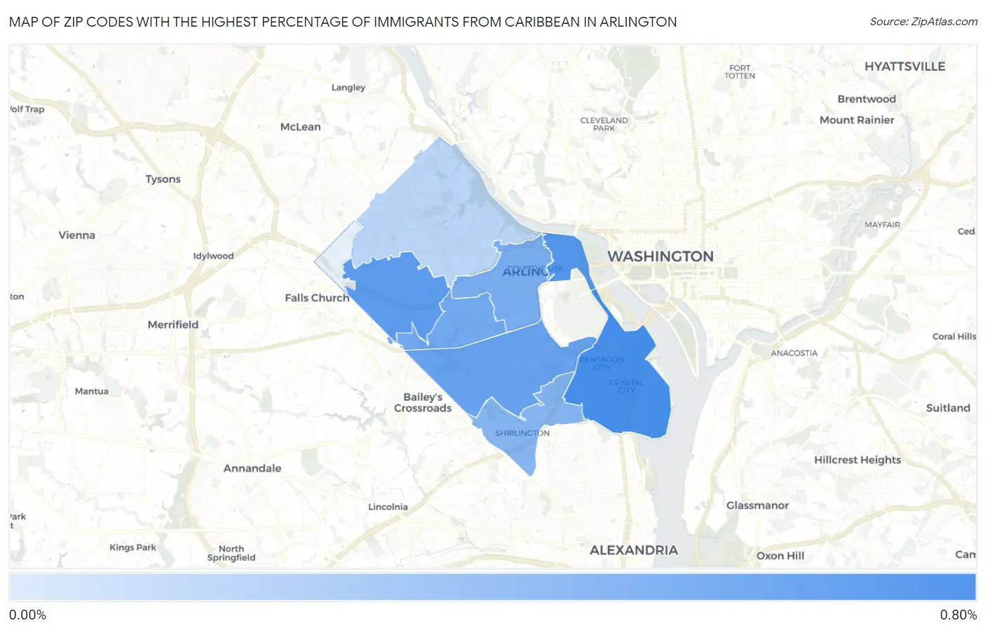 Zip Codes with the Highest Percentage of Immigrants from Caribbean in Arlington Map