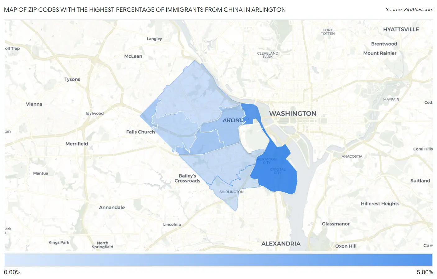 Zip Codes with the Highest Percentage of Immigrants from China in Arlington Map