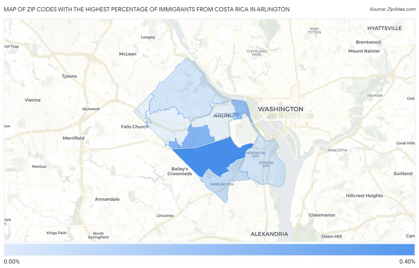 Zip Codes with the Highest Percentage of Immigrants from Costa Rica in Arlington Map