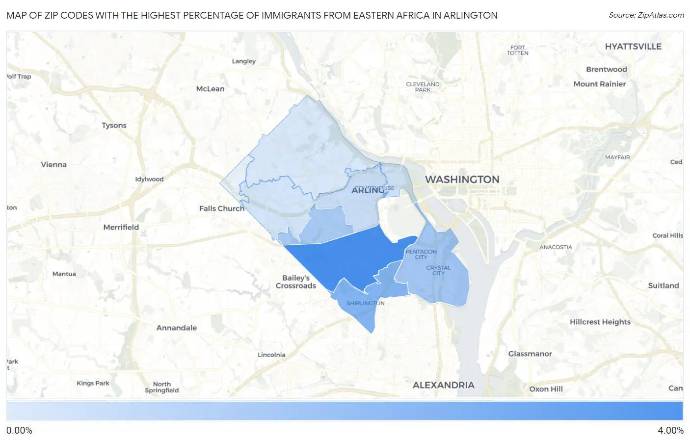 Zip Codes with the Highest Percentage of Immigrants from Eastern Africa in Arlington Map