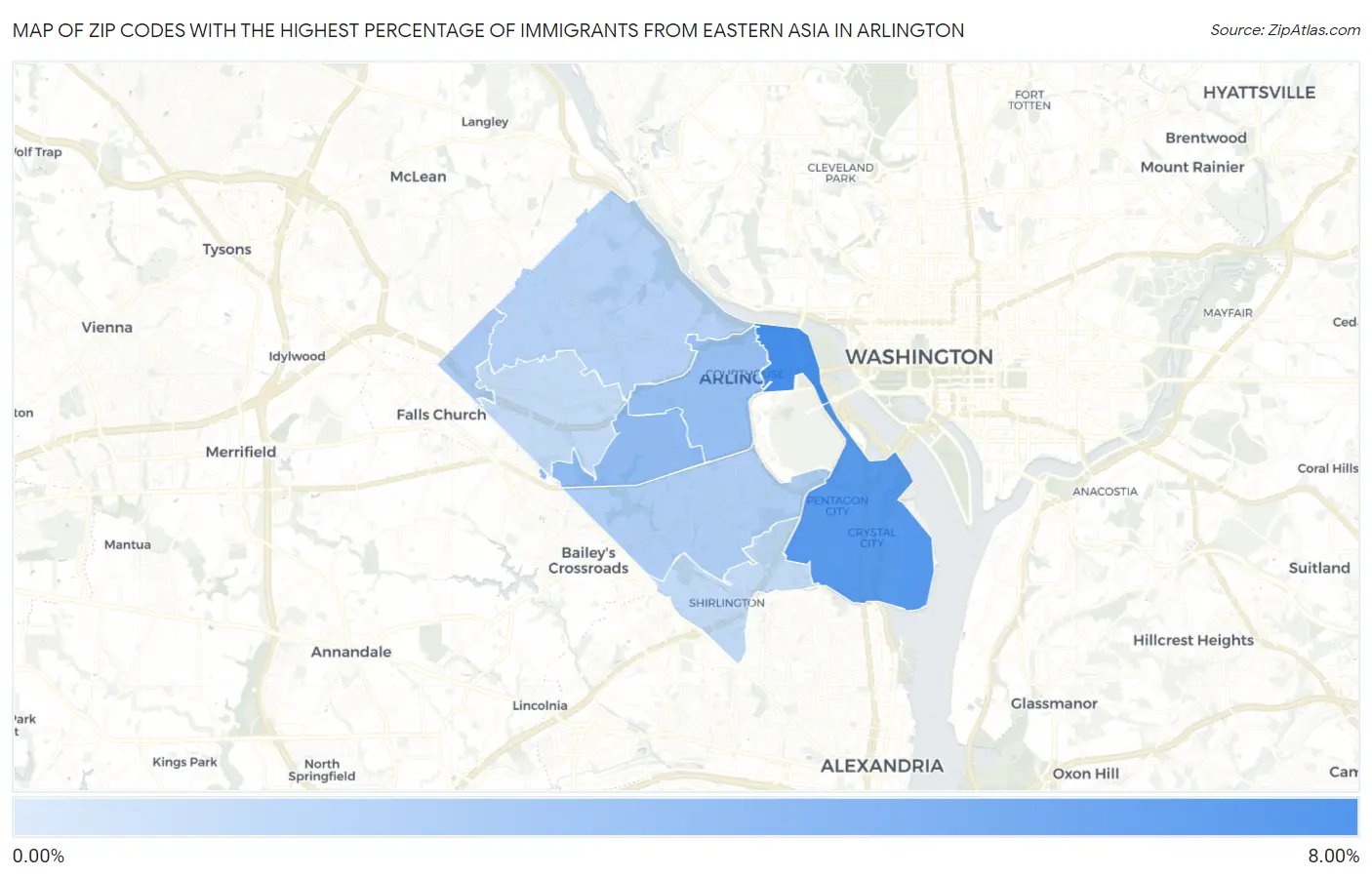 Zip Codes with the Highest Percentage of Immigrants from Eastern Asia in Arlington Map