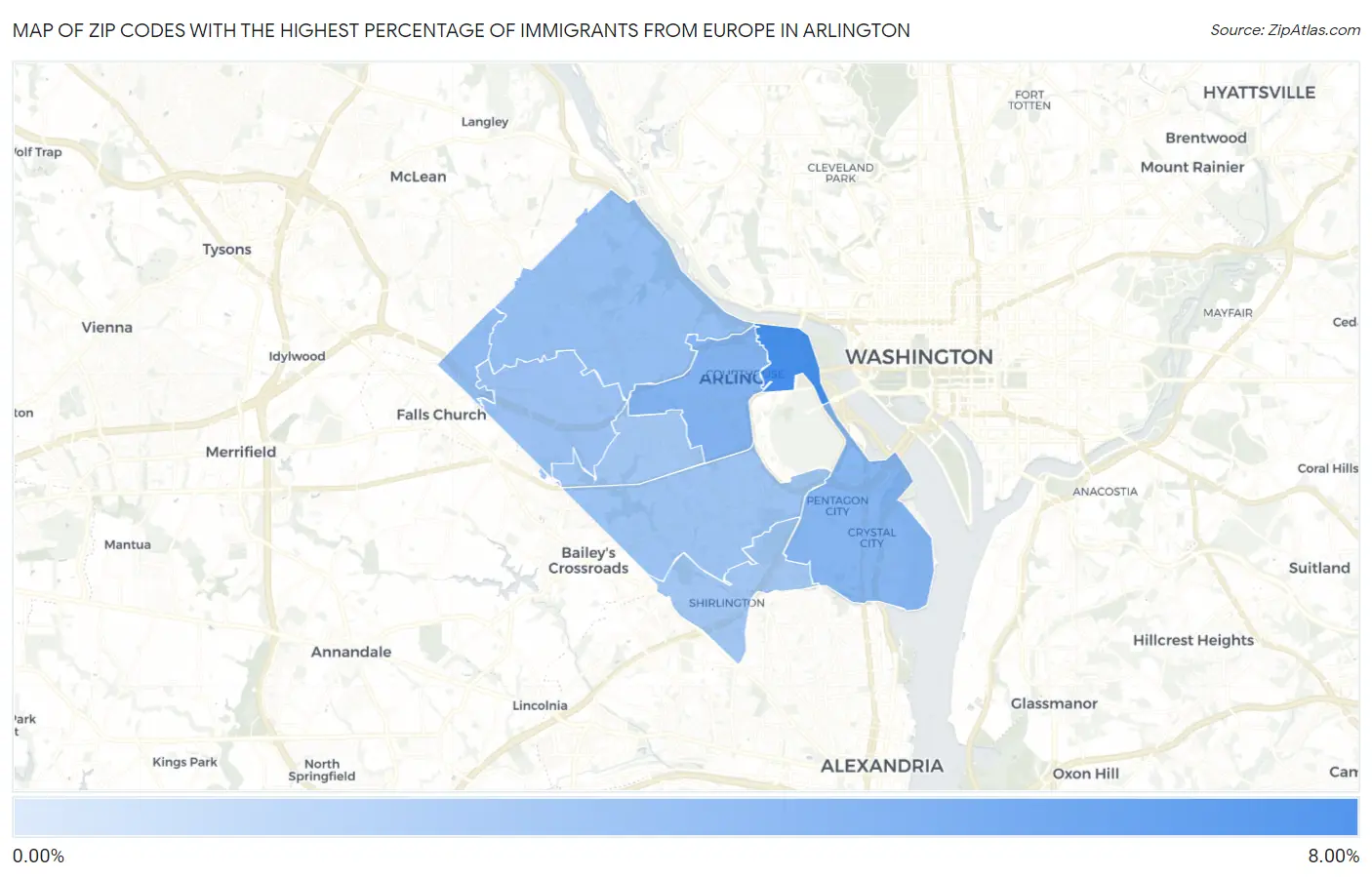 Zip Codes with the Highest Percentage of Immigrants from Europe in Arlington Map