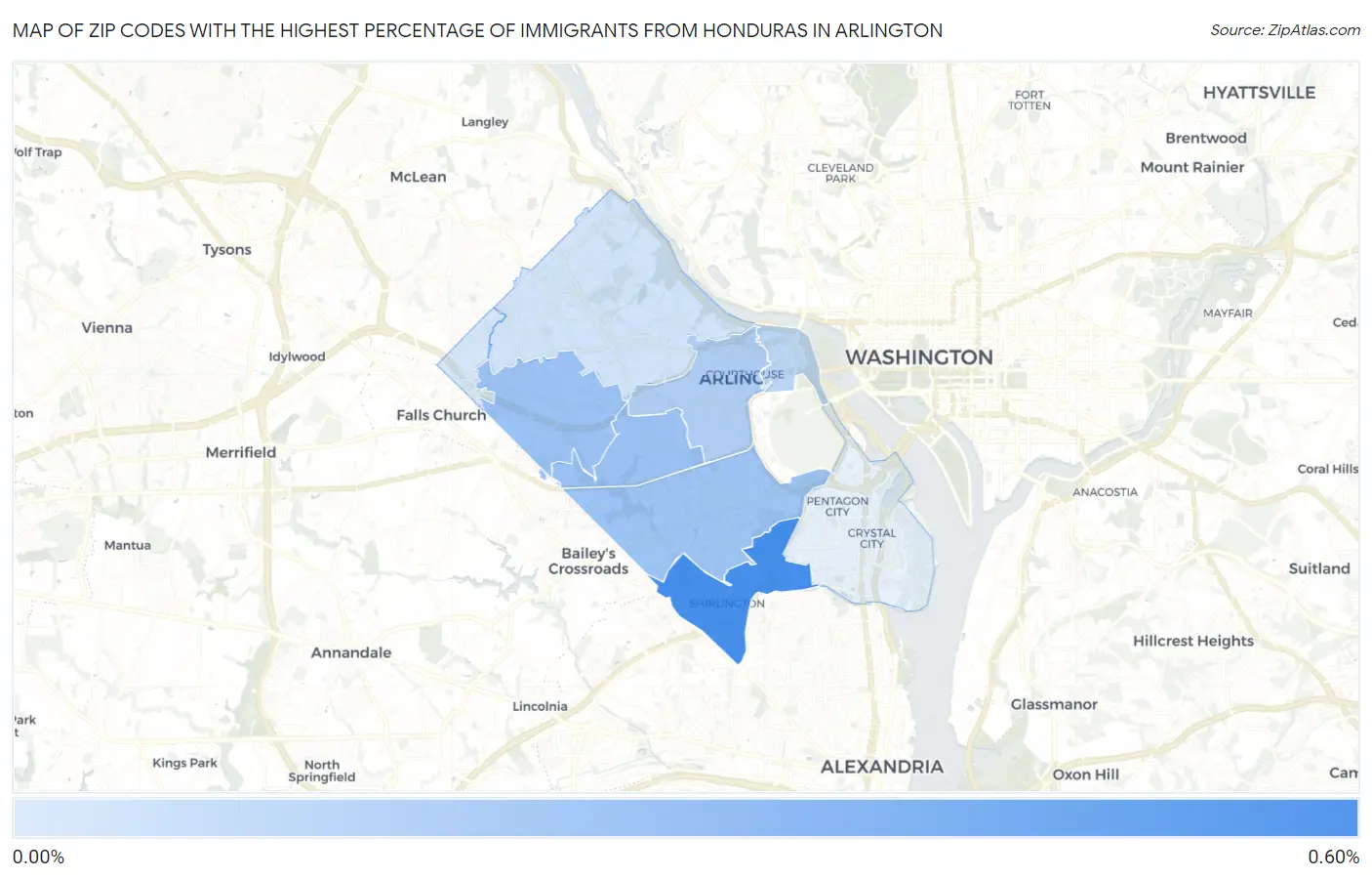 Zip Codes with the Highest Percentage of Immigrants from Honduras in Arlington Map