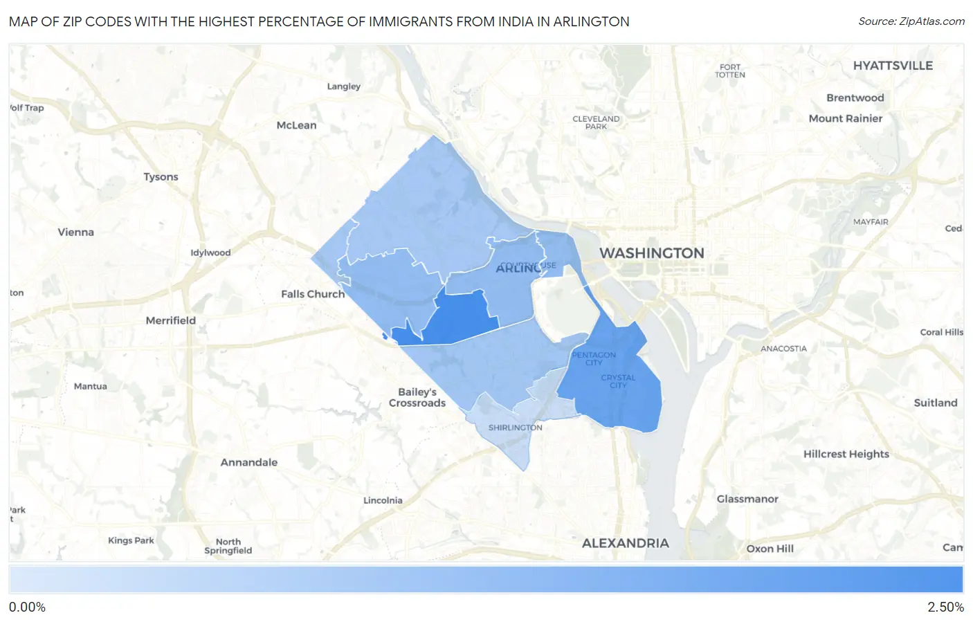 Zip Codes with the Highest Percentage of Immigrants from India in Arlington Map
