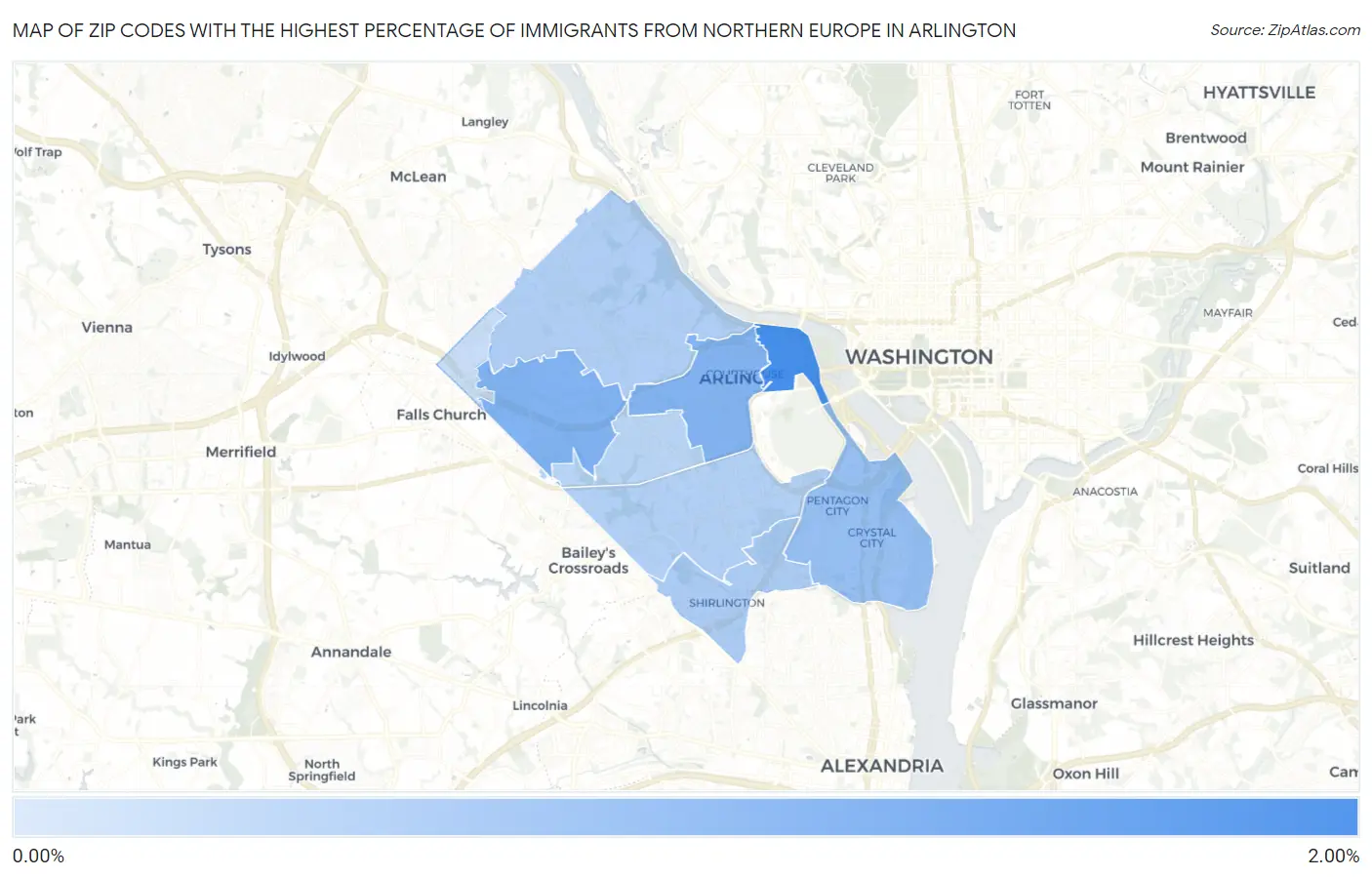 Zip Codes with the Highest Percentage of Immigrants from Northern Europe in Arlington Map