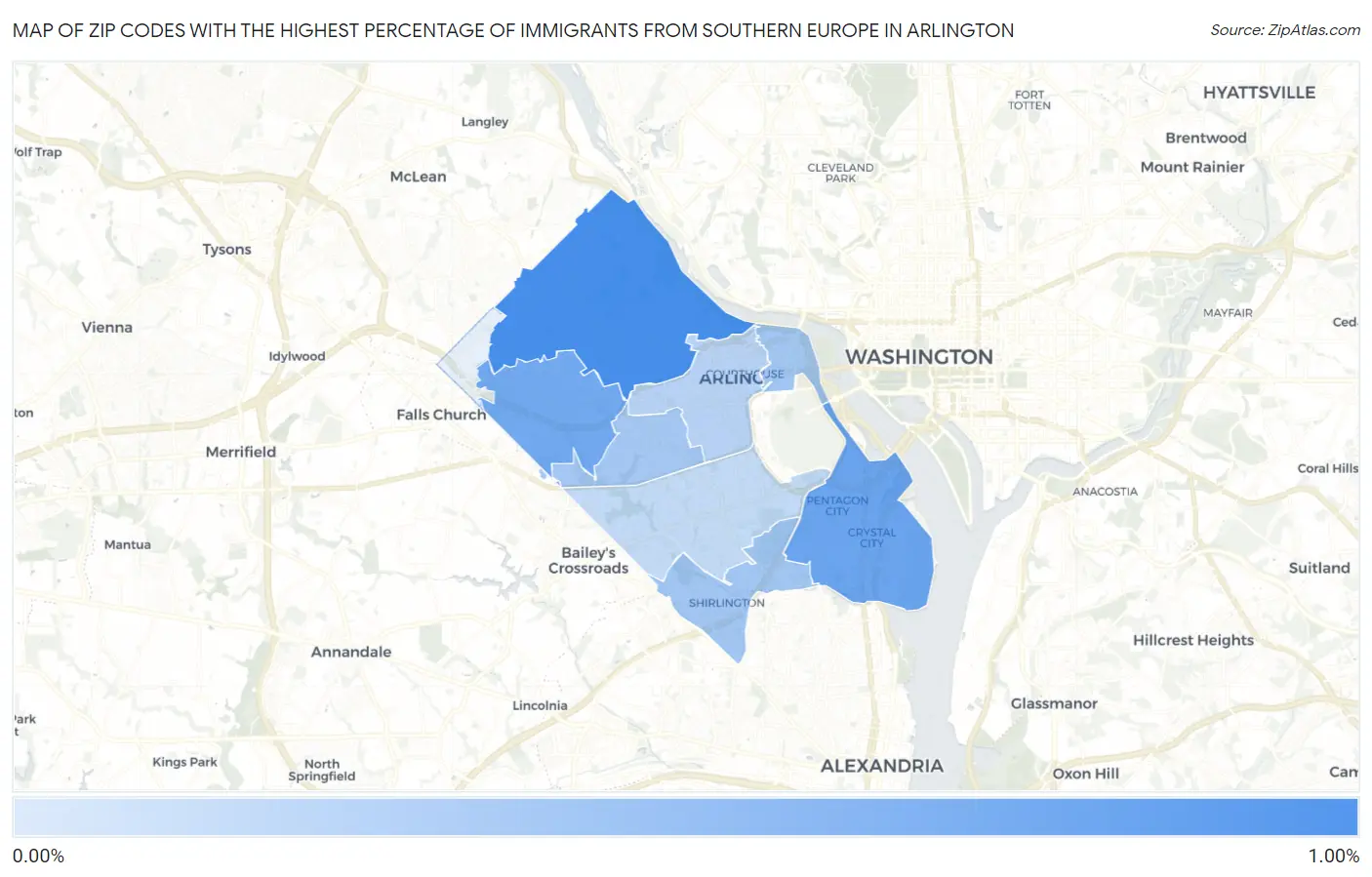 Zip Codes with the Highest Percentage of Immigrants from Southern Europe in Arlington Map