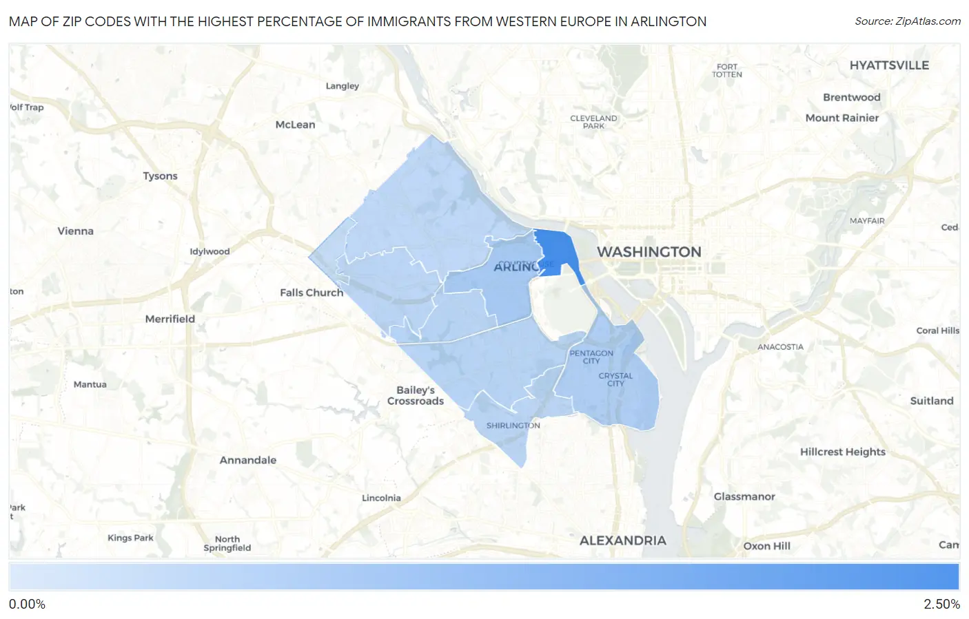 Zip Codes with the Highest Percentage of Immigrants from Western Europe in Arlington Map