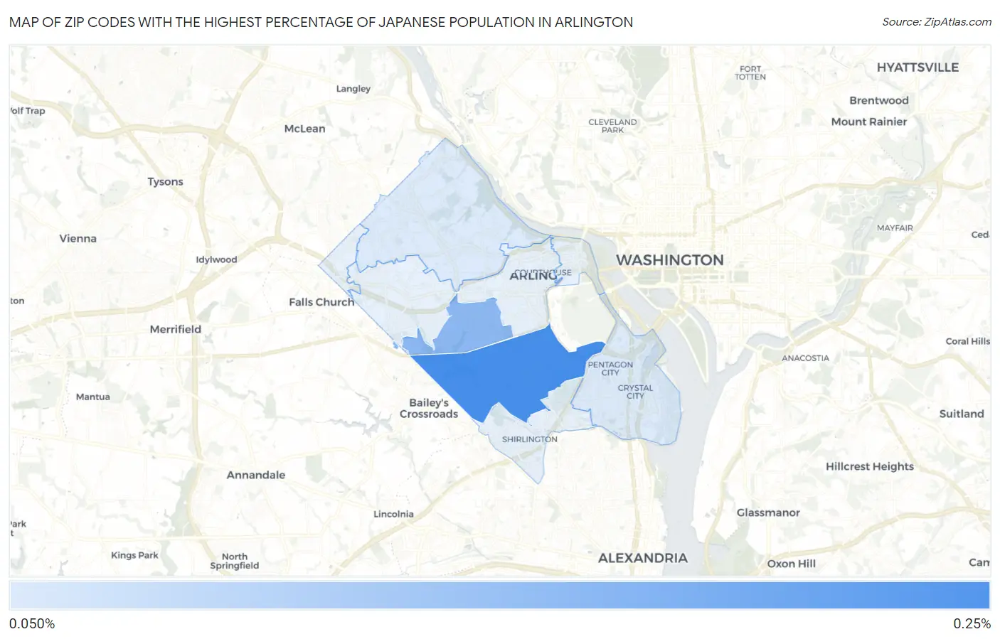 Zip Codes with the Highest Percentage of Japanese Population in Arlington Map