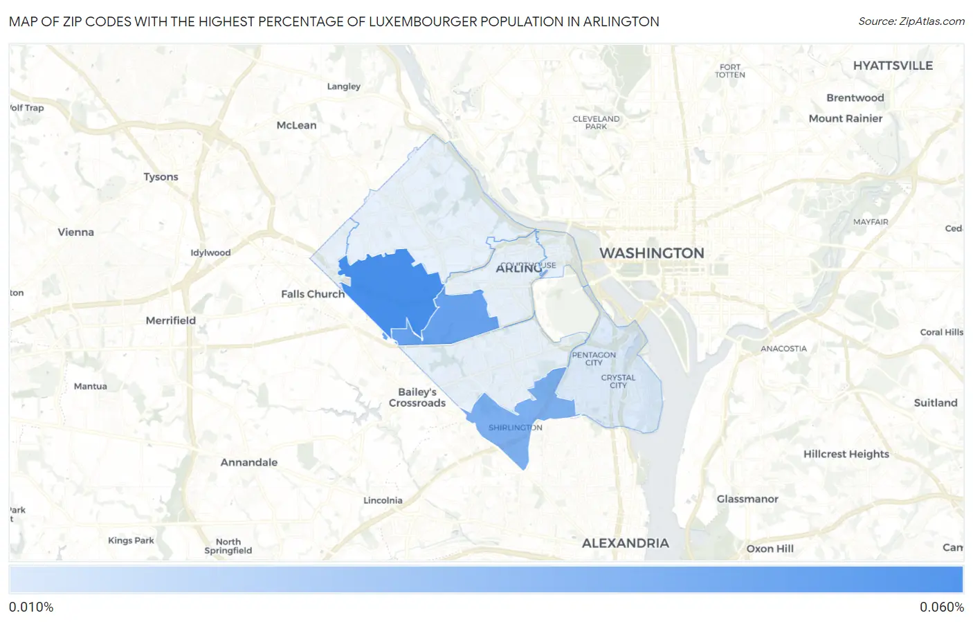 Zip Codes with the Highest Percentage of Luxembourger Population in Arlington Map