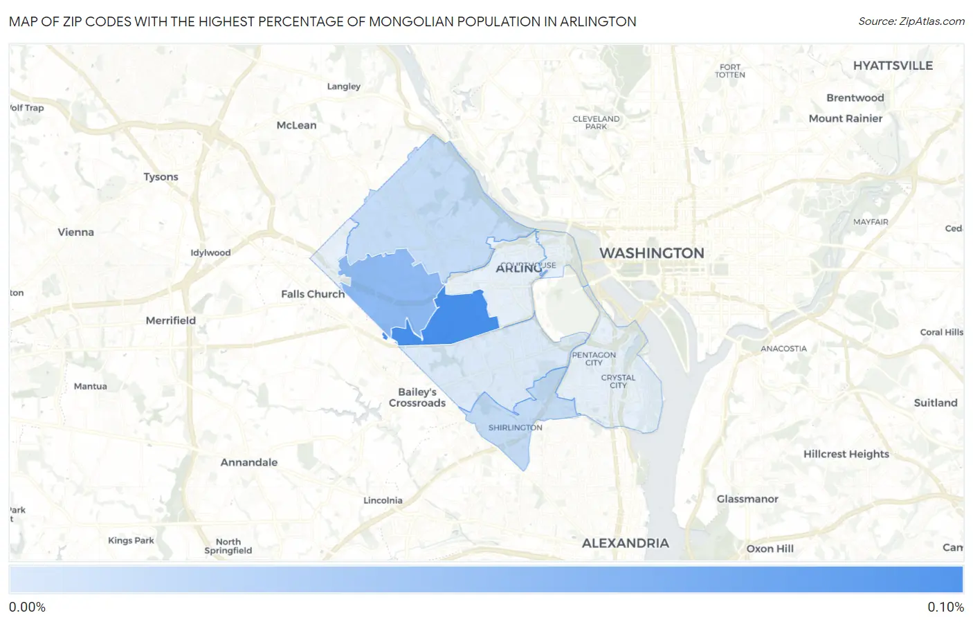 Zip Codes with the Highest Percentage of Mongolian Population in Arlington Map