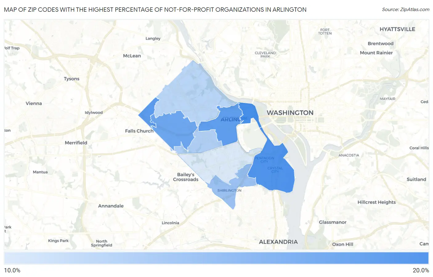 Zip Codes with the Highest Percentage of Not-for-profit Organizations in Arlington Map