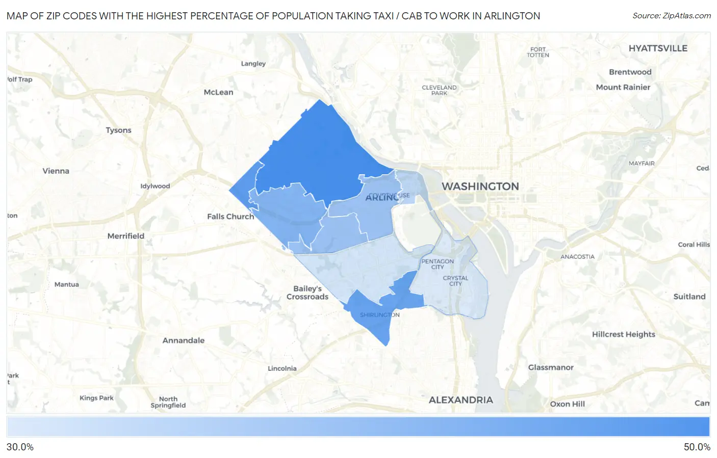 Zip Codes with the Highest Percentage of Population Taking Taxi / Cab to Work in Arlington Map