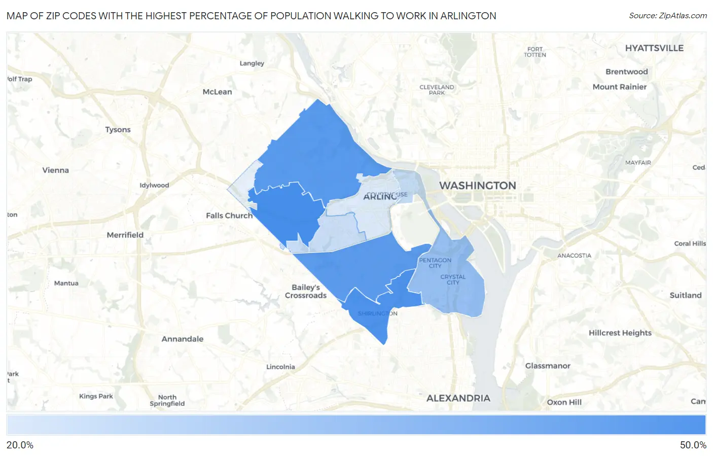 Zip Codes with the Highest Percentage of Population Walking to Work in Arlington Map