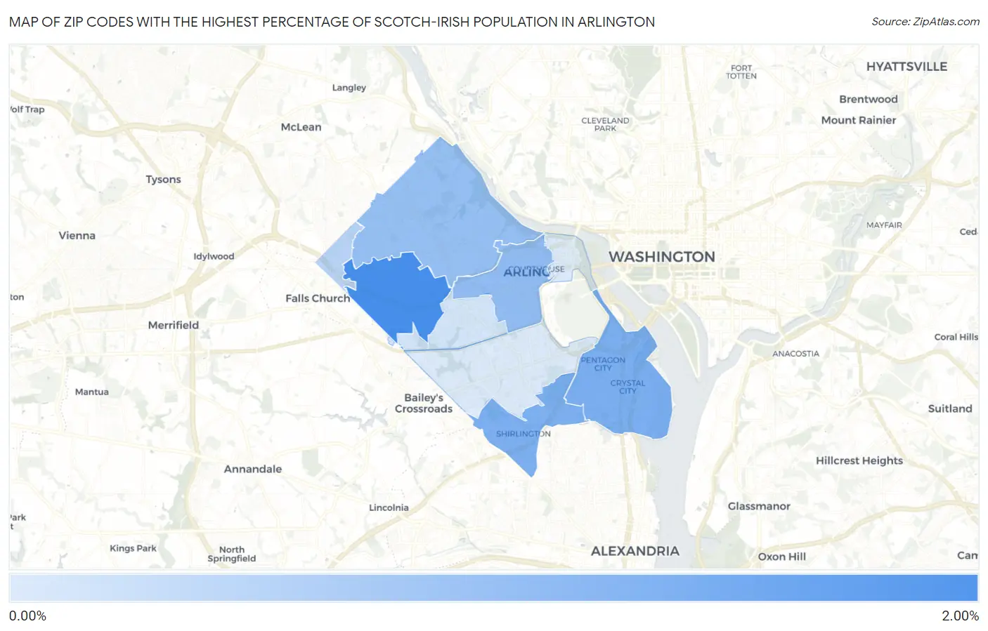 Zip Codes with the Highest Percentage of Scotch-Irish Population in Arlington Map