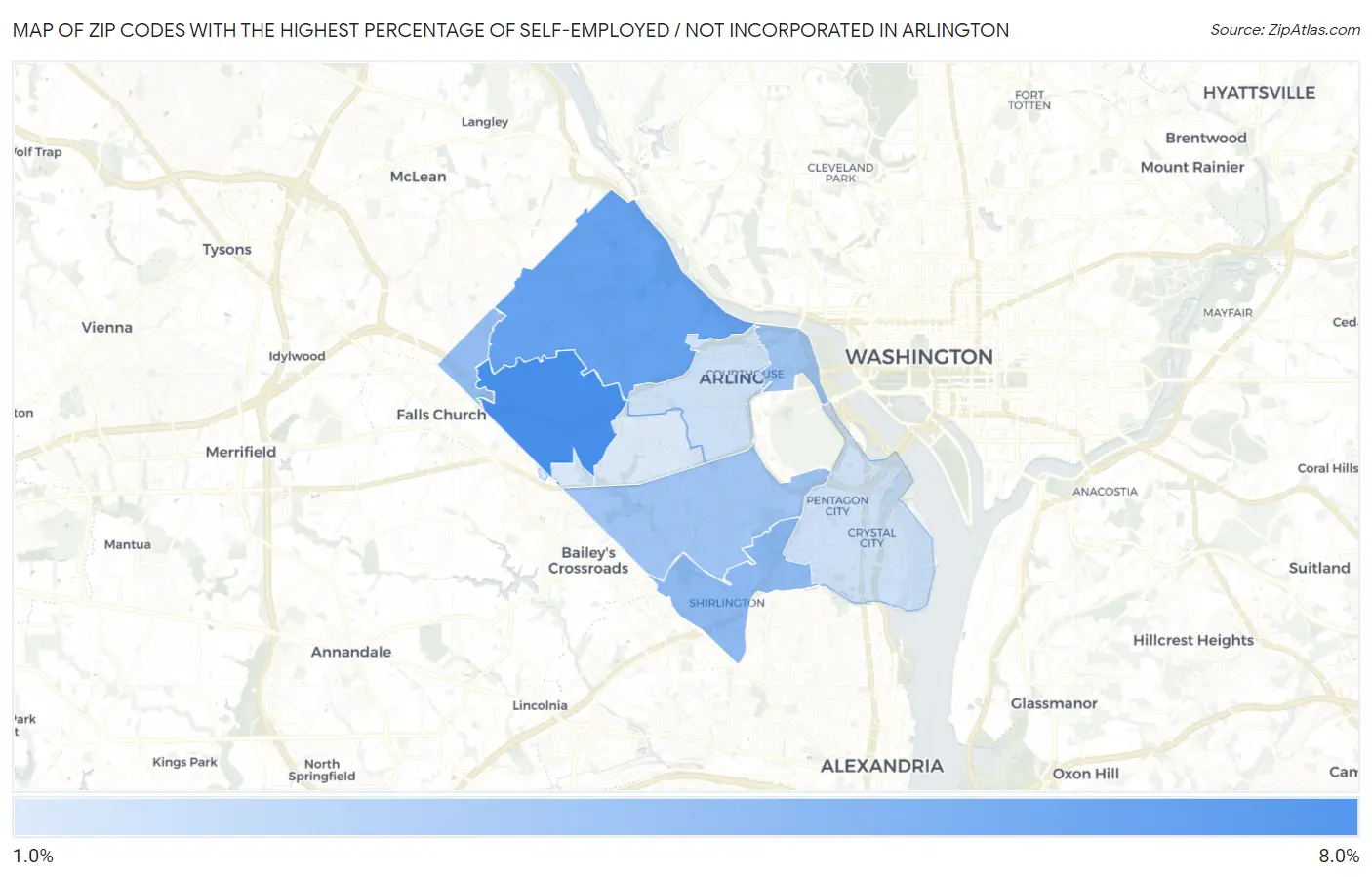 Zip Codes with the Highest Percentage of Self-Employed / Not Incorporated in Arlington Map