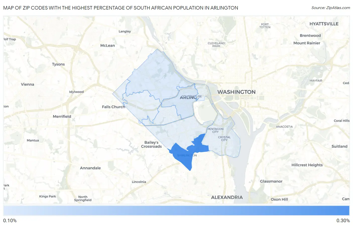 Zip Codes with the Highest Percentage of South African Population in Arlington Map