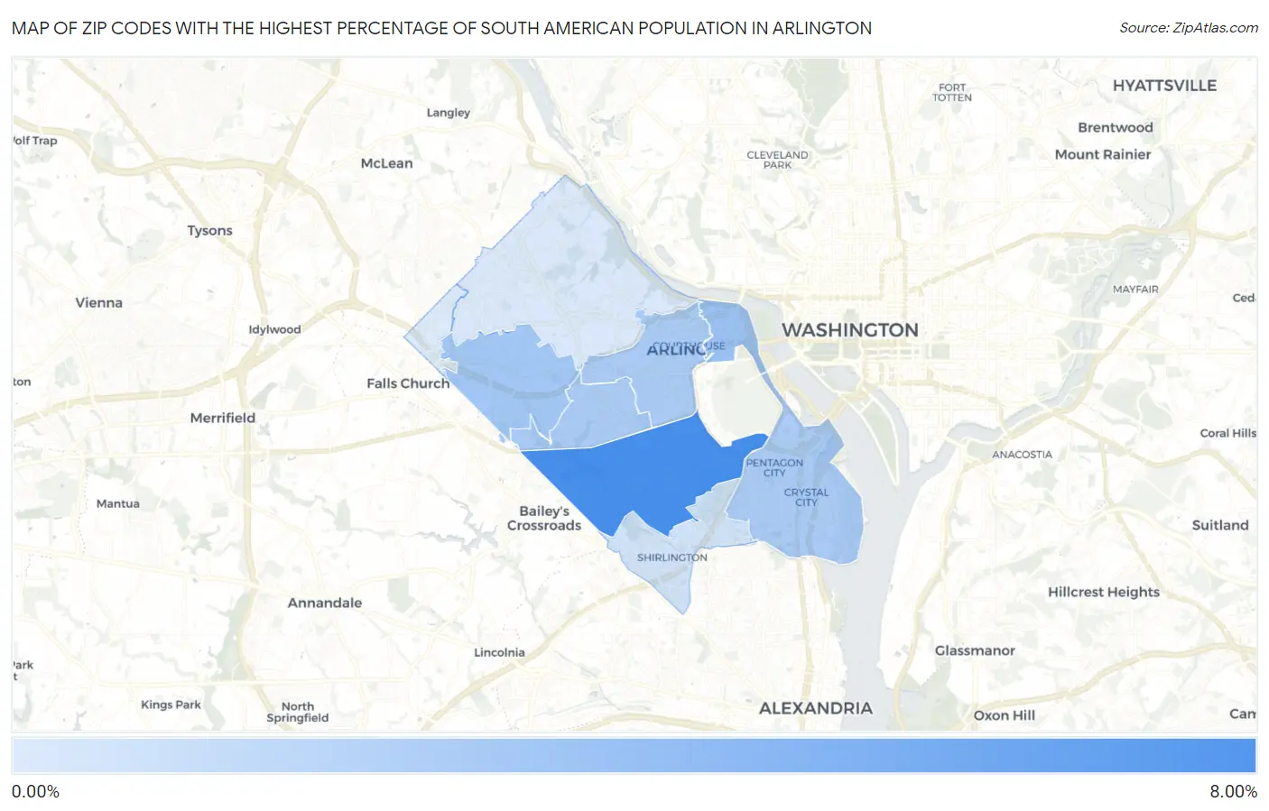 Zip Codes with the Highest Percentage of South American Population in Arlington Map