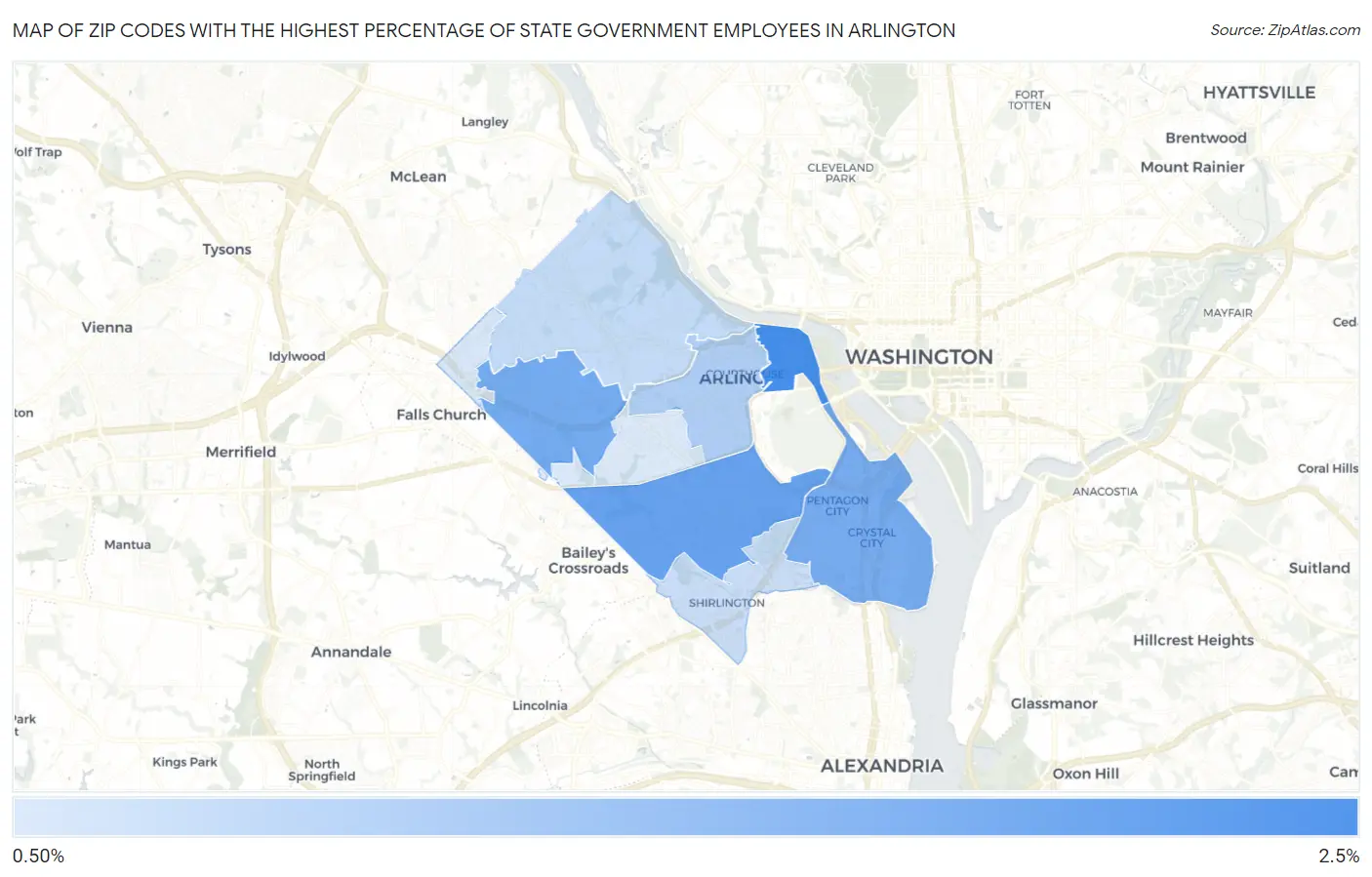 Zip Codes with the Highest Percentage of State Government Employees in Arlington Map