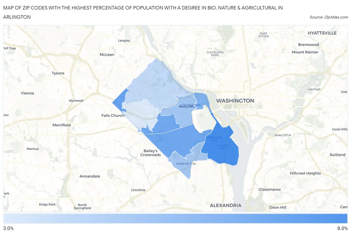 Zip Codes with the Highest Percentage of Population with a Degree in Bio, Nature & Agricultural in Arlington Map