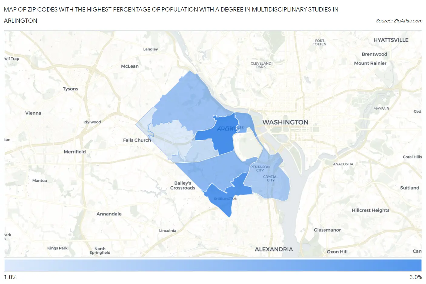 Zip Codes with the Highest Percentage of Population with a Degree in Multidisciplinary Studies in Arlington Map