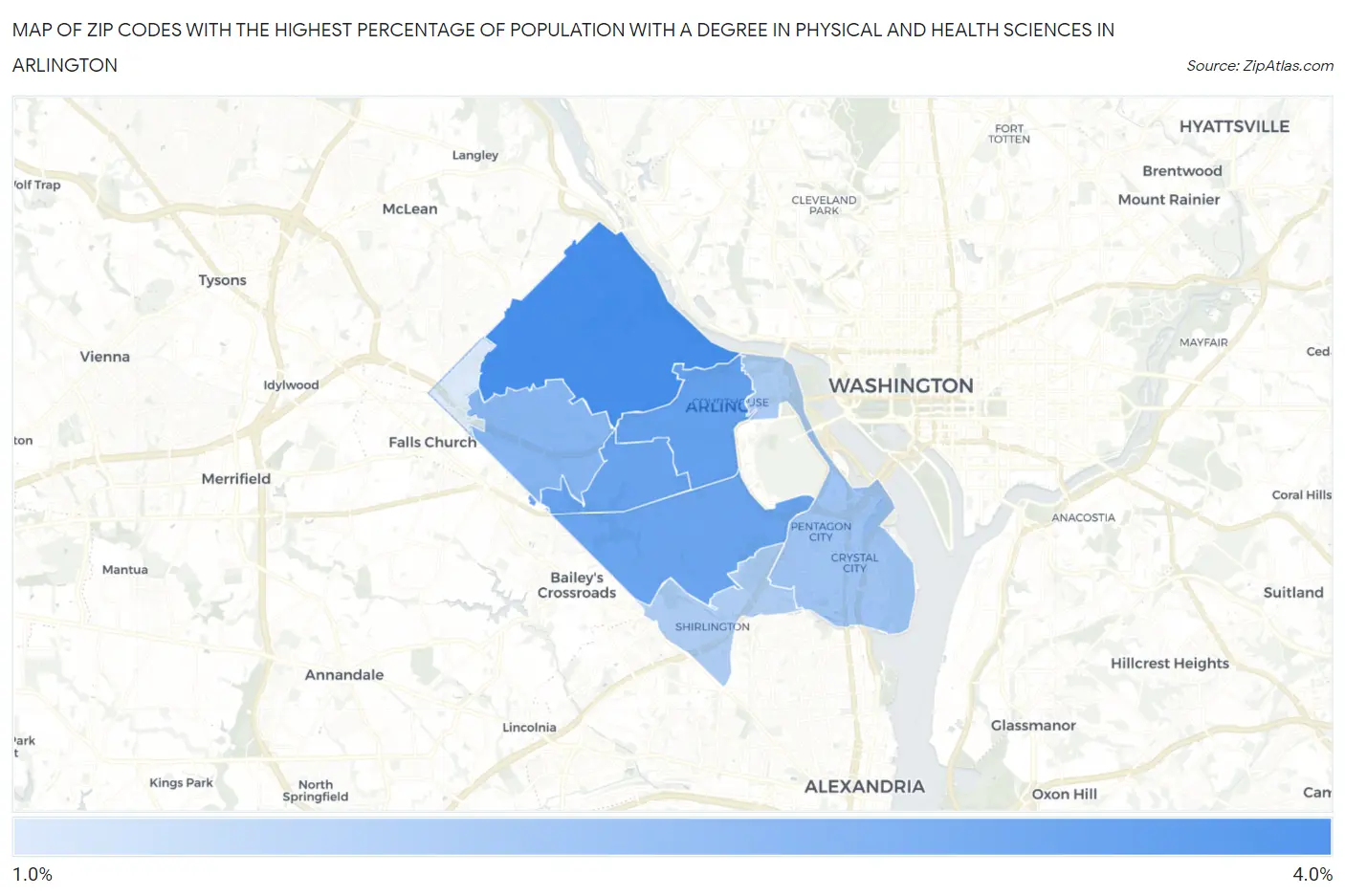 Zip Codes with the Highest Percentage of Population with a Degree in Physical and Health Sciences in Arlington Map