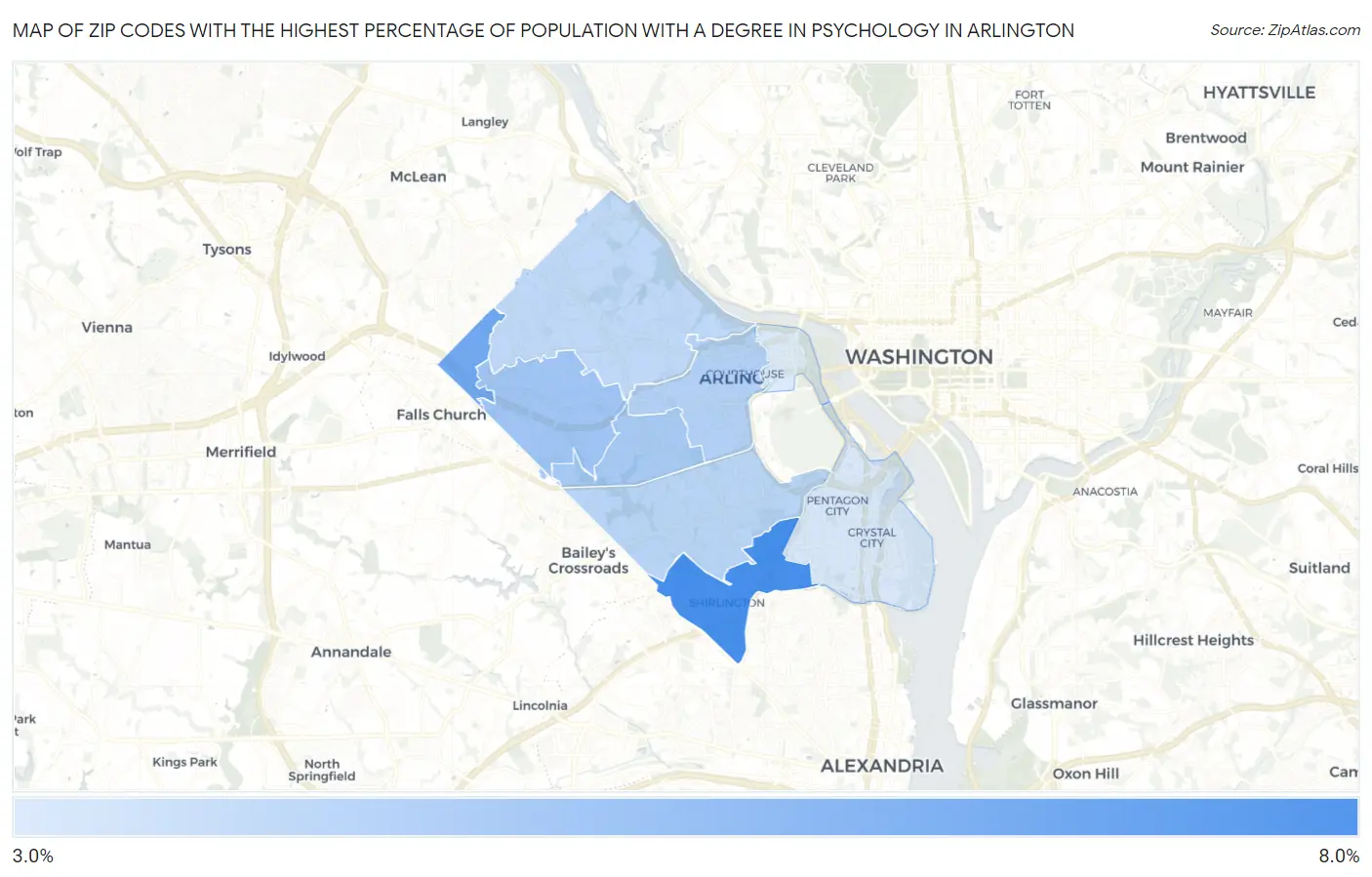 Zip Codes with the Highest Percentage of Population with a Degree in Psychology in Arlington Map